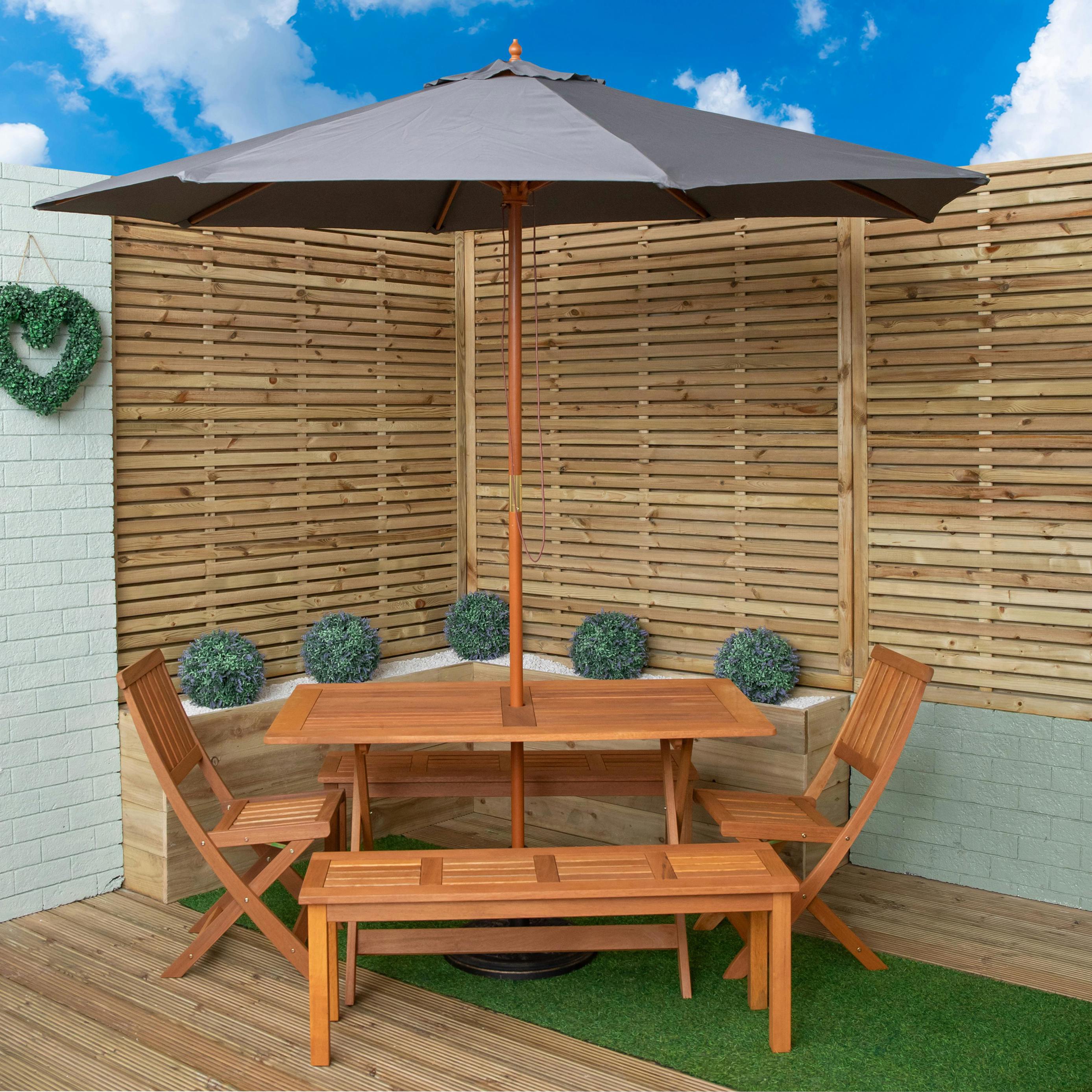 Samuel Alexander Grey Outdoor 6 Person Rectangular Wooden Garden Dining Table, 2 Benches, Chairs With Parasol And Base Set - Outdoor Furniture Sets