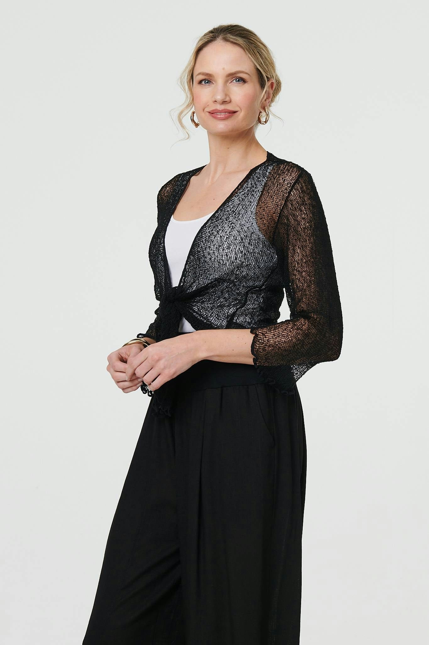 Izabel London Black Sheer 3/4 Sleeve Open Front Cardigan - One