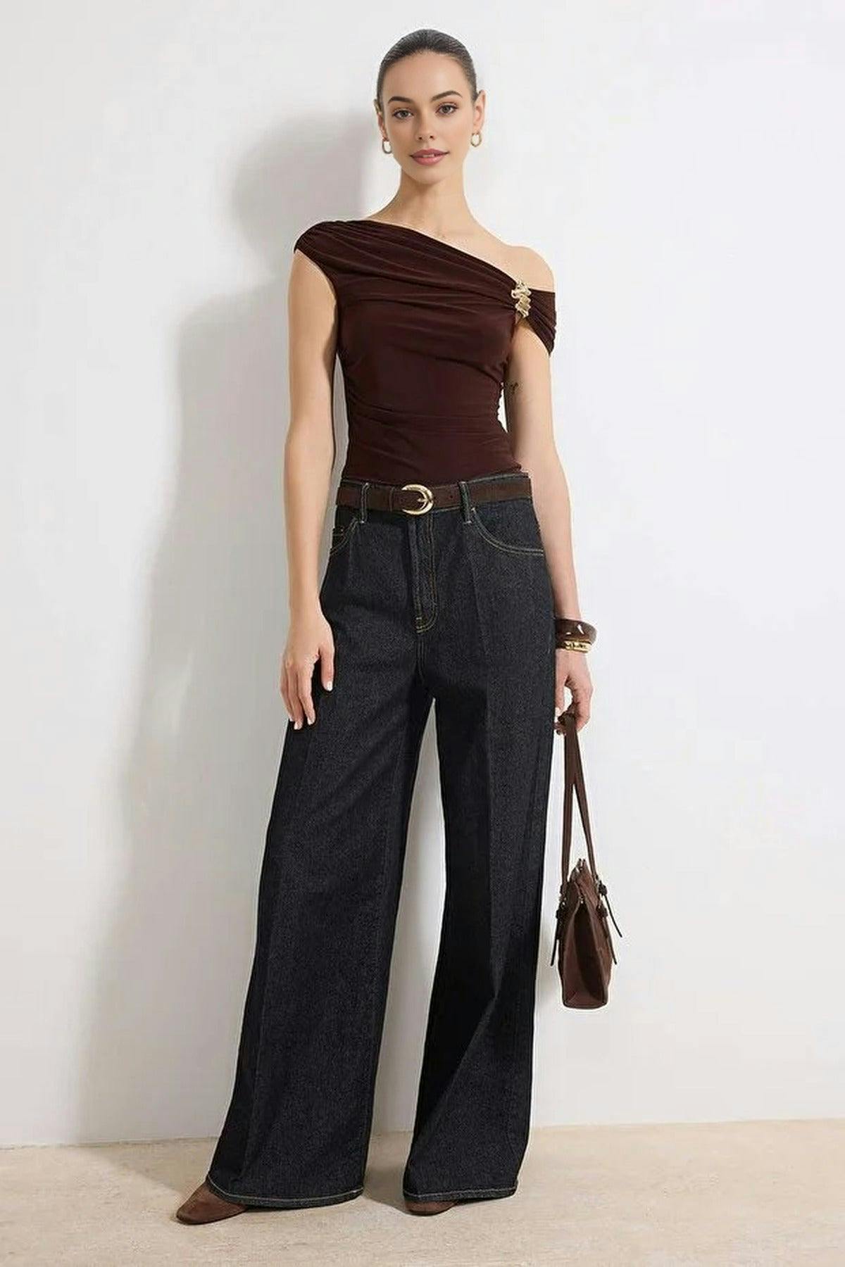 Wovcor Brown Fitted Asymmetrical Neckline Blouse With Accessory Detail Knit - L