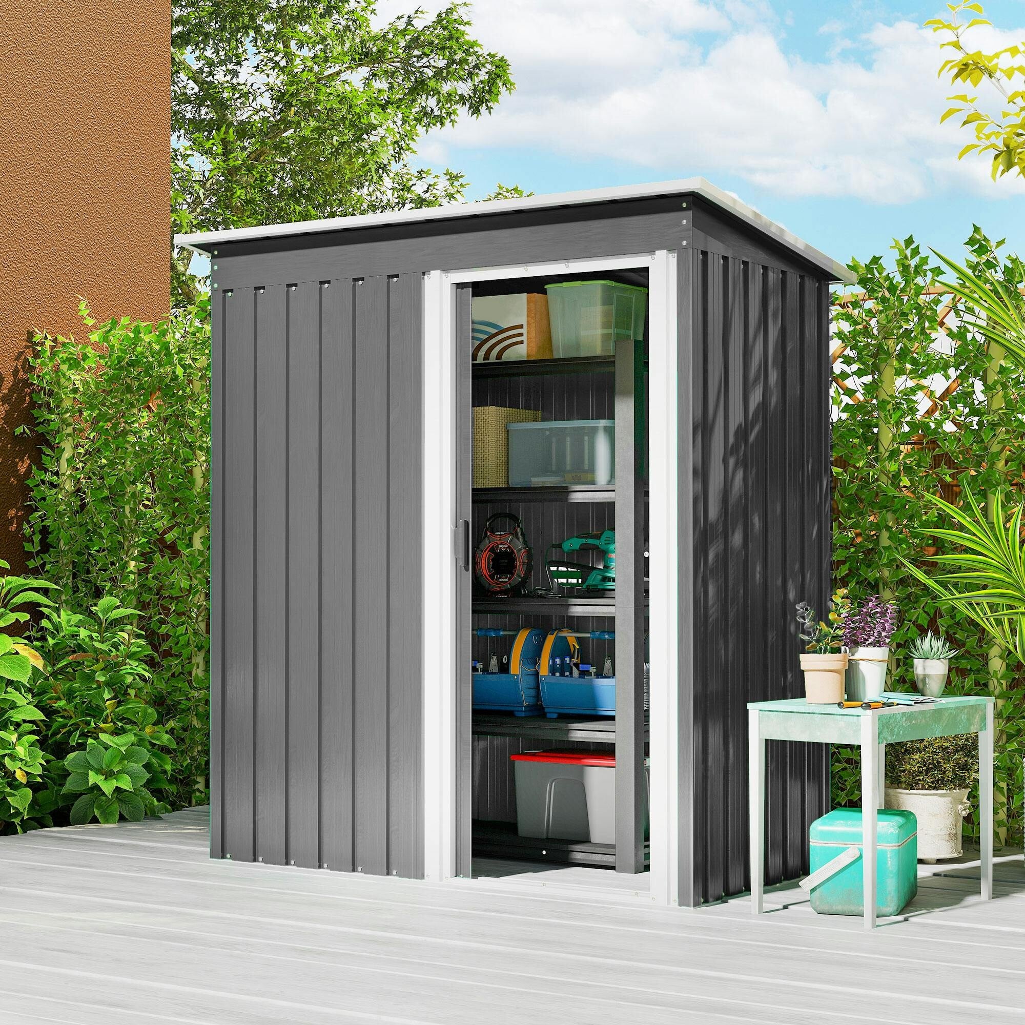 Outsunny 5 X 3Ft Garden Storage Shed Sliding Door Sloped Roof Tool, Grey - Image 3