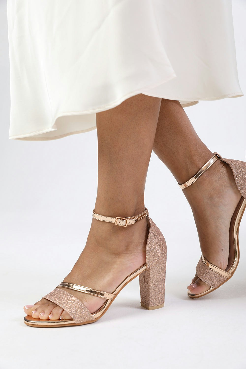Where's That From Gold Aceline Mid High Block Heel Sandals With Ankle Strap In Rose - Size 8