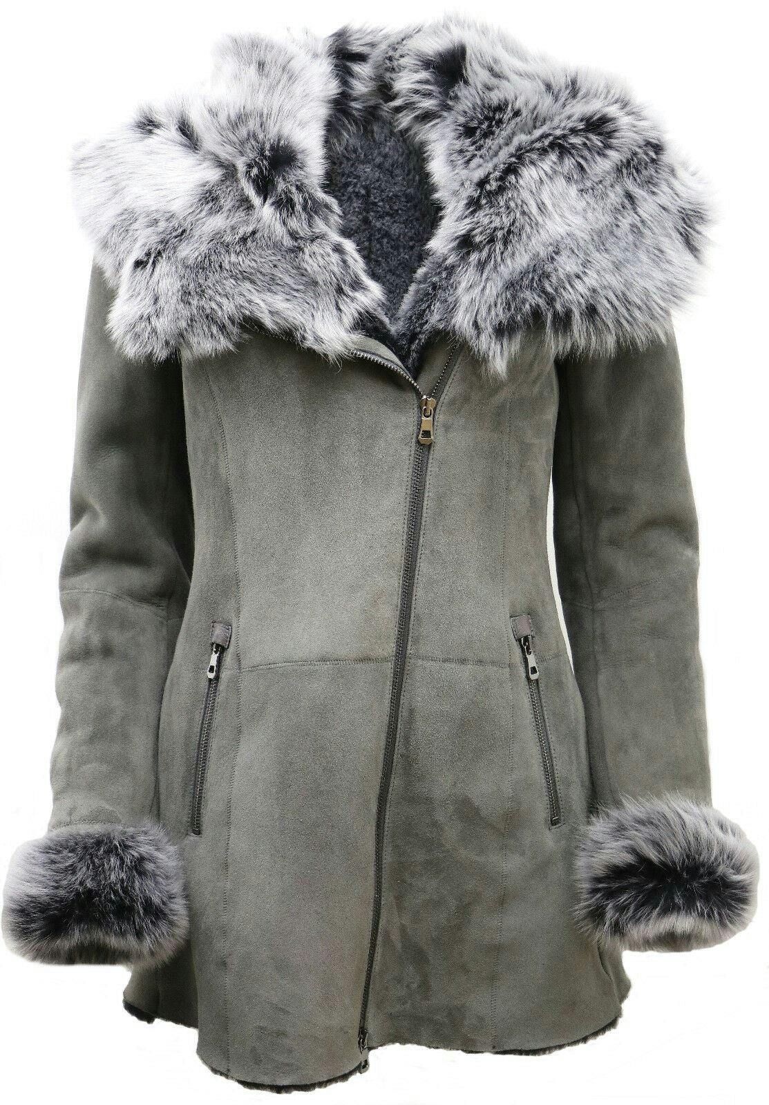 Infinity Leather Women's Grey/Black Suede Hooded Merino Sheepskin Coat-Monrovia - Uk L/14 | Eu 40 | Us 10