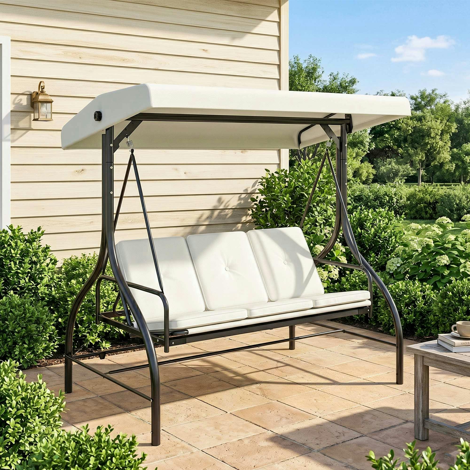 Rackhams Cream/White 3 Seater Canopy Swing Chair Porch Hammock Bed Rocking Bench