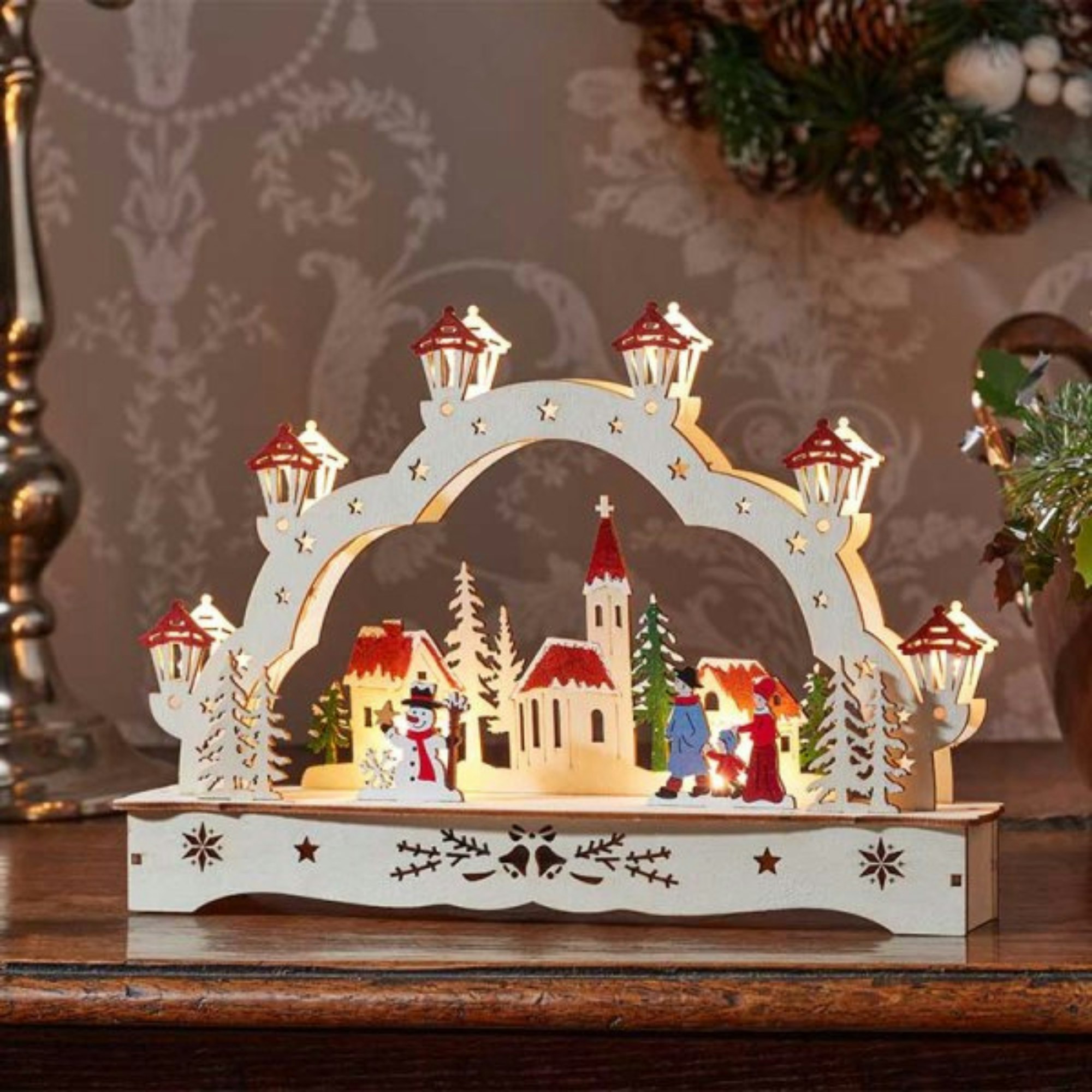 Samuel Alexander Light/White Battery Operated Wooden Christmas Festive Village With Leds 28Cm