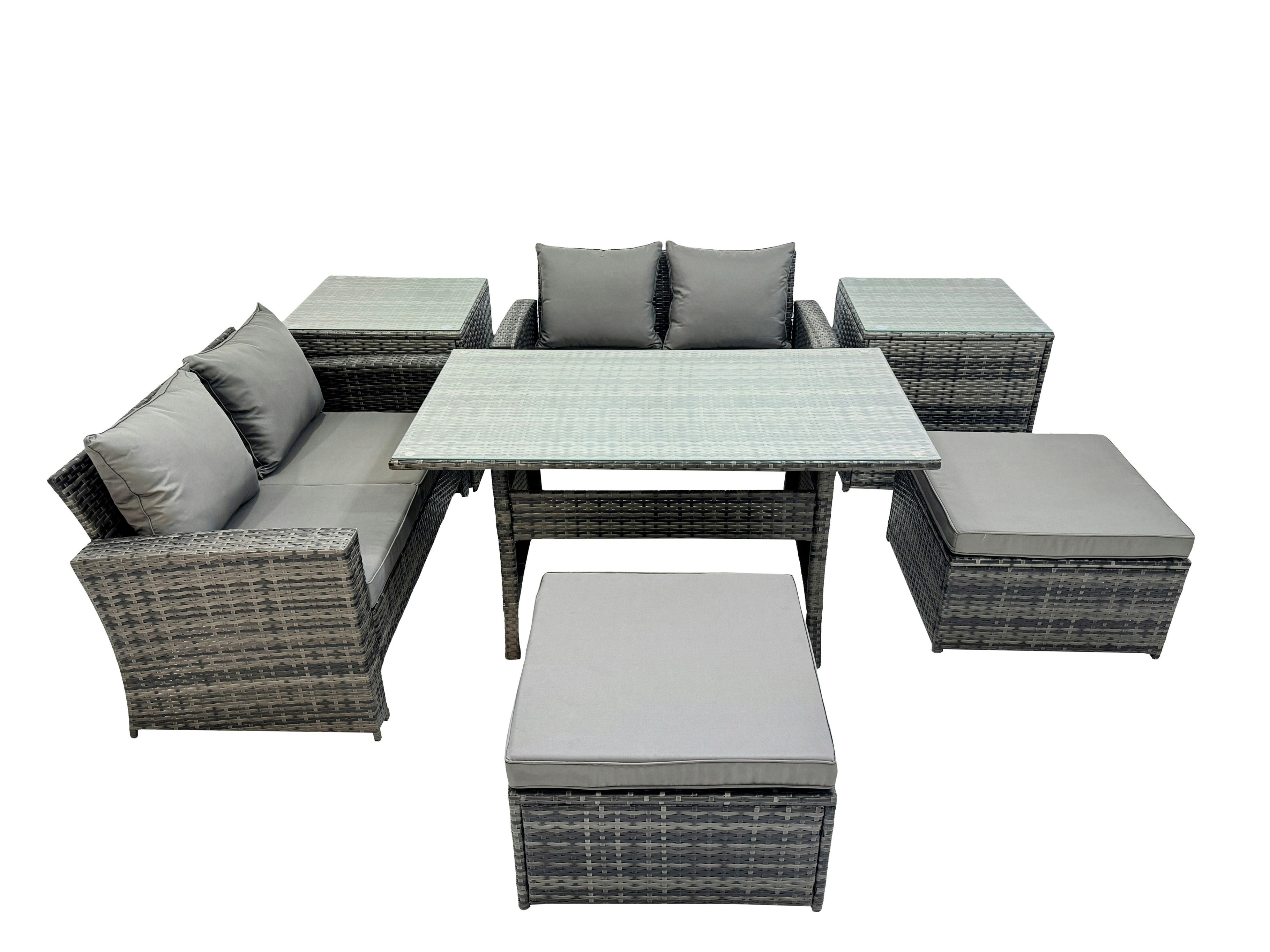 Fimous Dark/Grey 6 Seater Wicker Pe Rattan Furniture Outdoor Dining Table Double Seat Sofa 2 Side Table 2 Big Stools Set Mixed