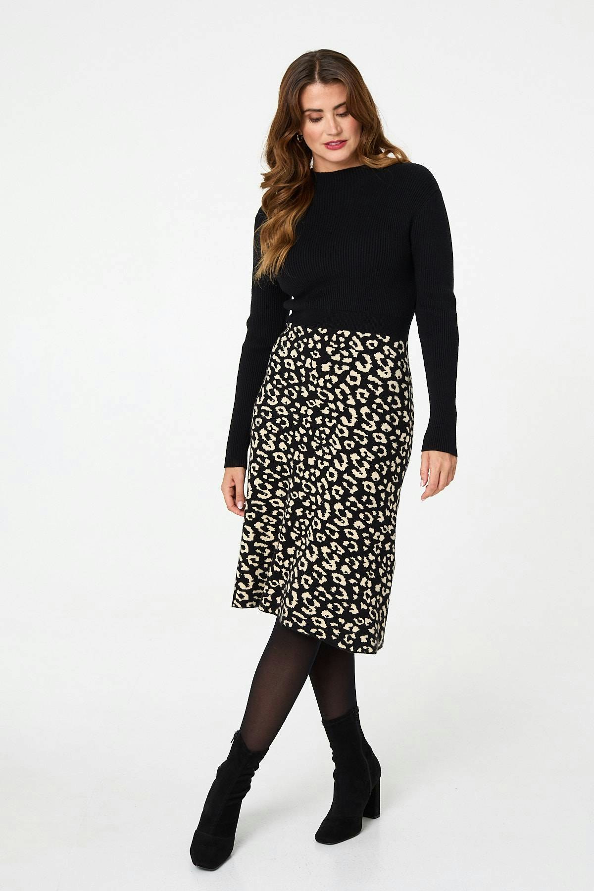 Izabel London Black Animal Print Contrast Knit Midi Dress - 18