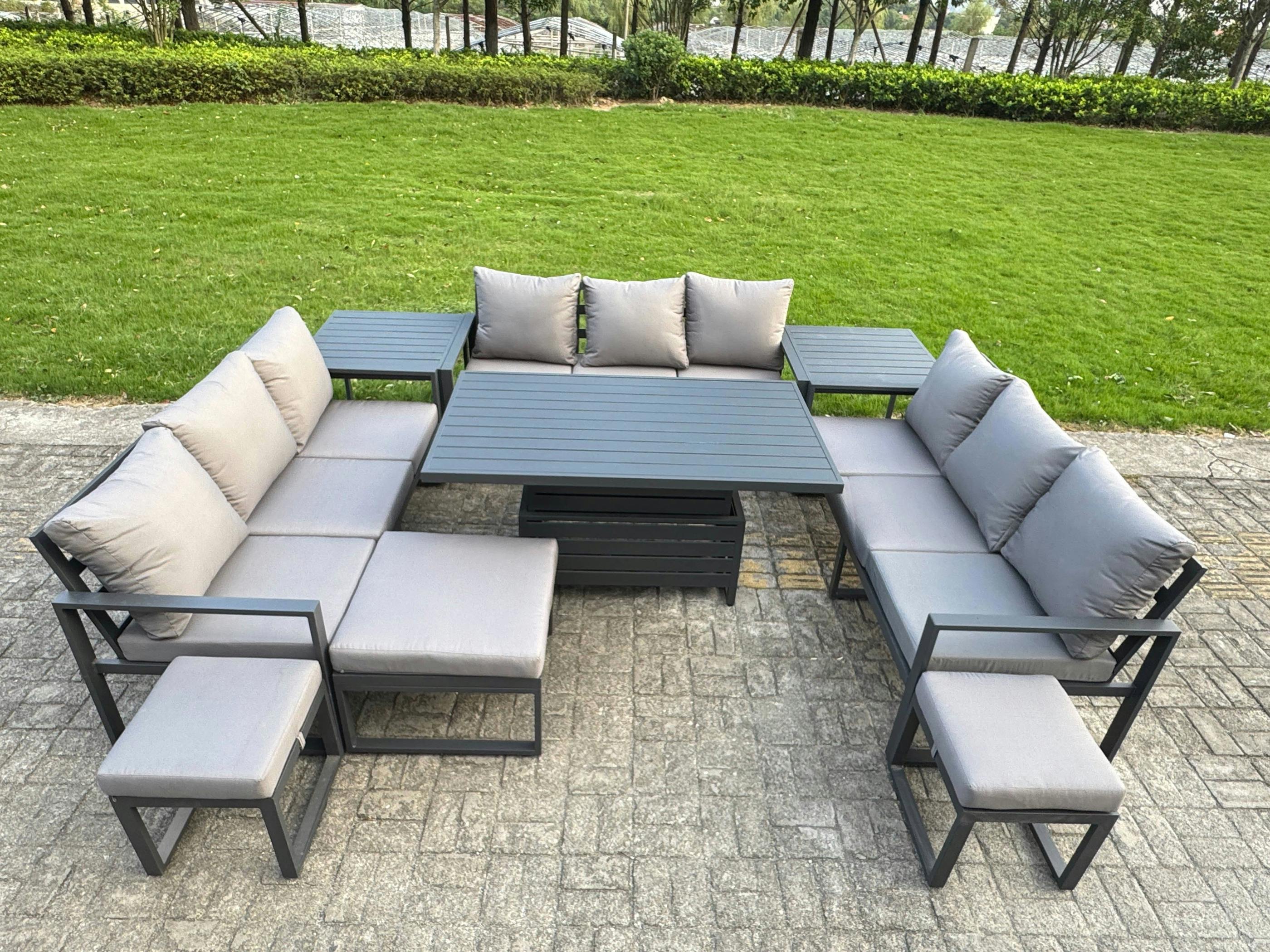 Rackhams Grey 12 Seater Aluminum Outdoor Garden Furniture Set With Adjustable Rising Dining Table, 3 Sofas, 3 Footstools, 2 Side Tables