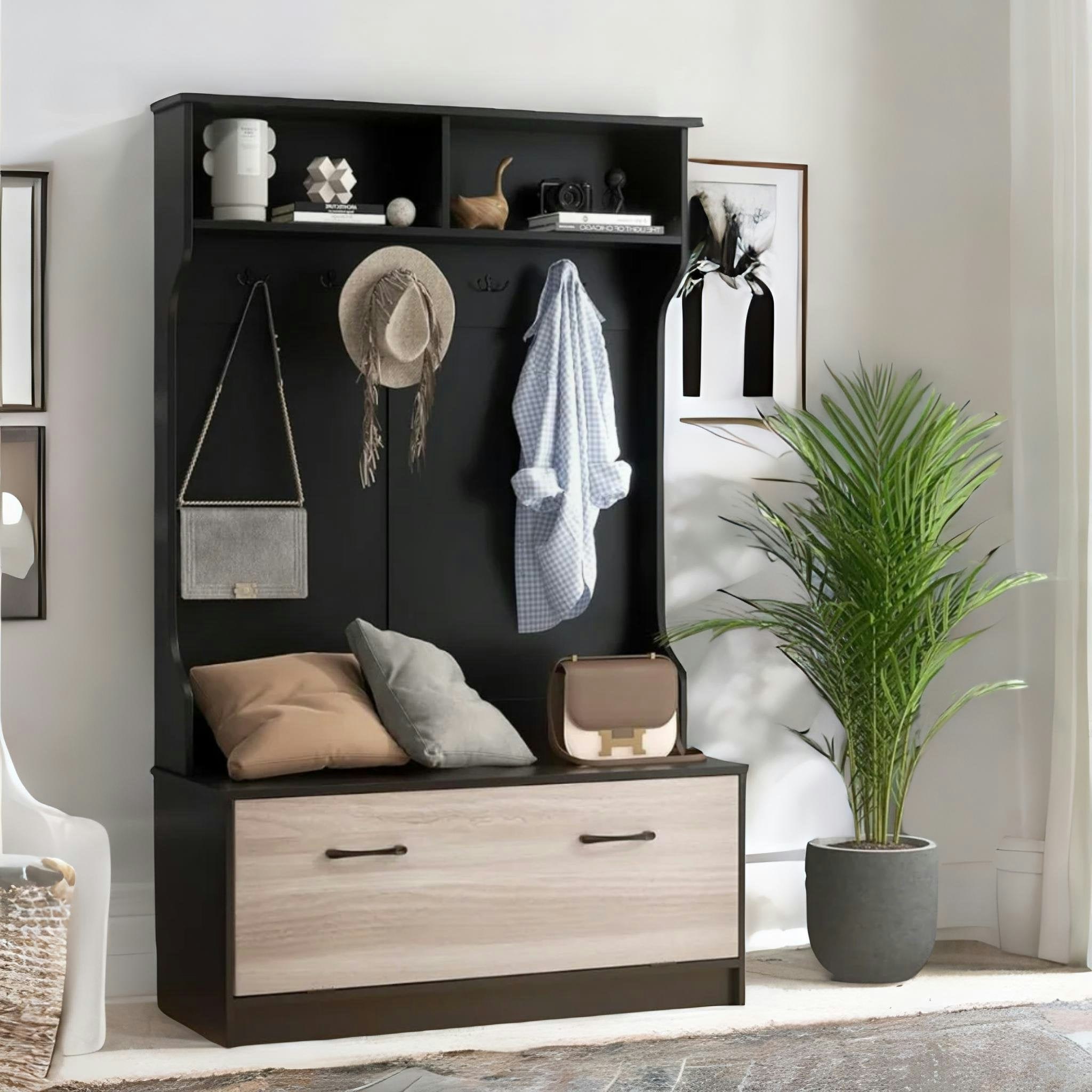 Rackhams Black 160Cm Tall Hall Tree Coat Stand With Shoe Rack And Storage Shelves