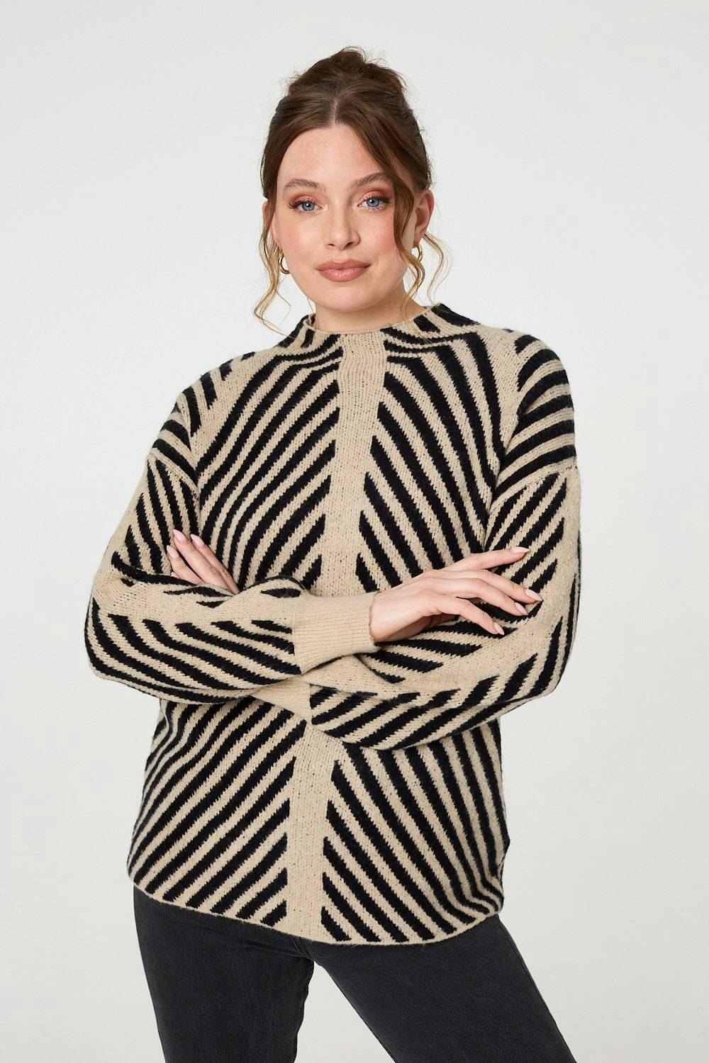 Izabel London Beige Striped High Neck Drop Shoulder Jumper - 12