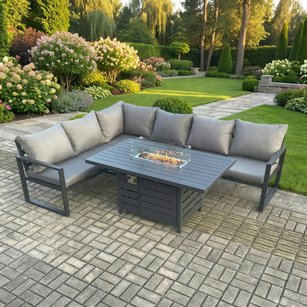 Rackhams Dark/Grey 6 Seater Aluminium Outdoor Garden Furniture Set With Gas Fire Pit Dining Table And Corner Sofa