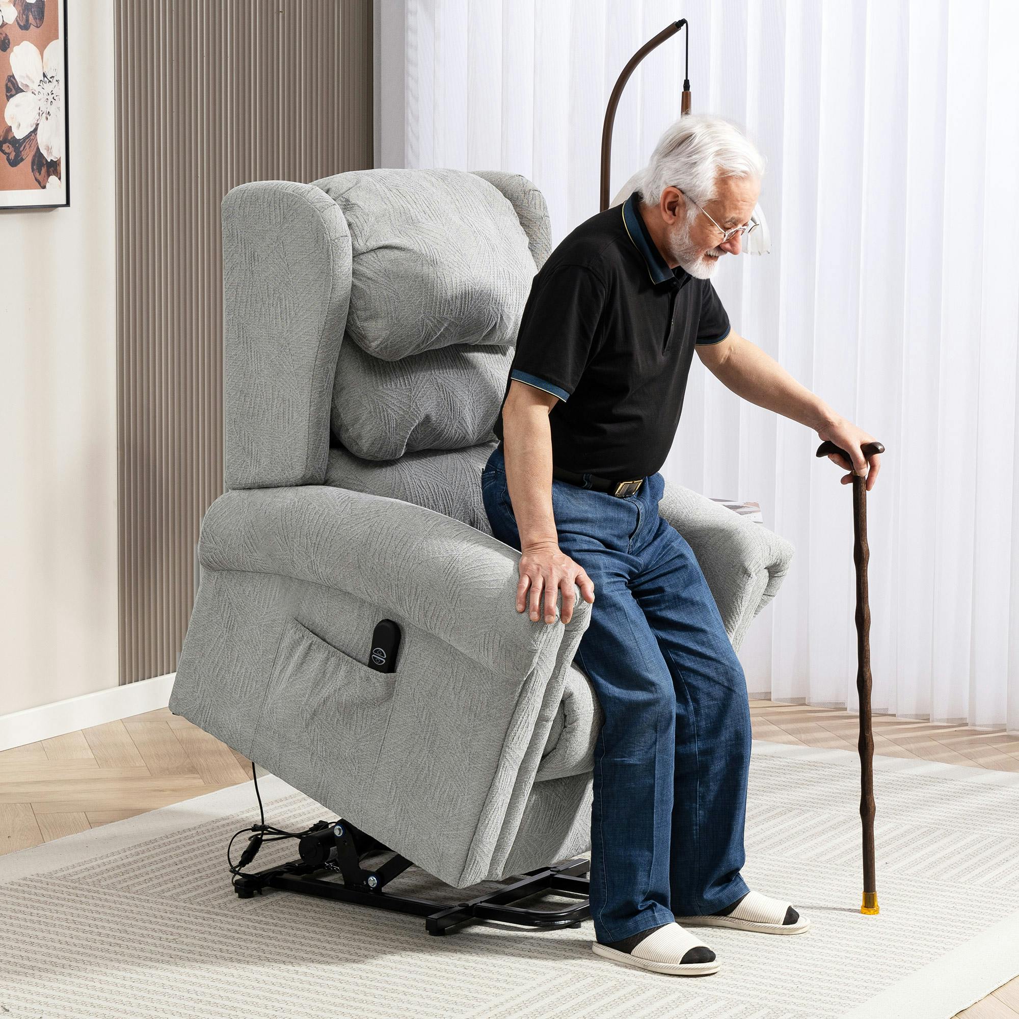 Rackhams Grey Power Lift Recliner Chair For Elderly With Remote Control, - Steel Base - Velvet-Touch Fabric