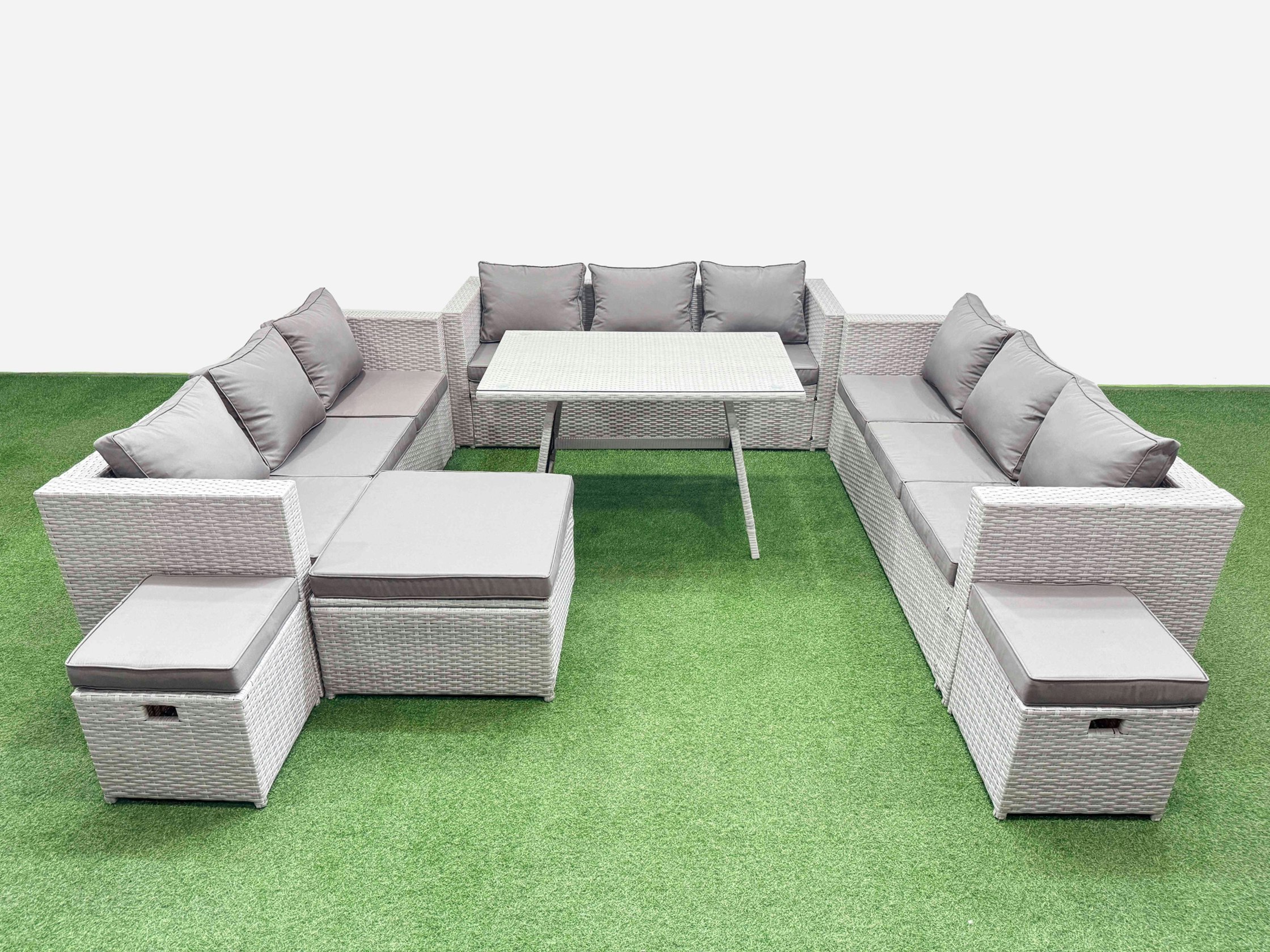 Rackhams Light/Grey 12 Seat Outdoor Patio Pe Rattan Garden Furniture With Cushions 3 Seater Sofa 3 Stool
