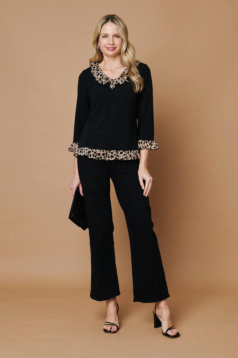 Izabel London Black Animal Print Frill Trim 3/4 Sleeve Top - 14