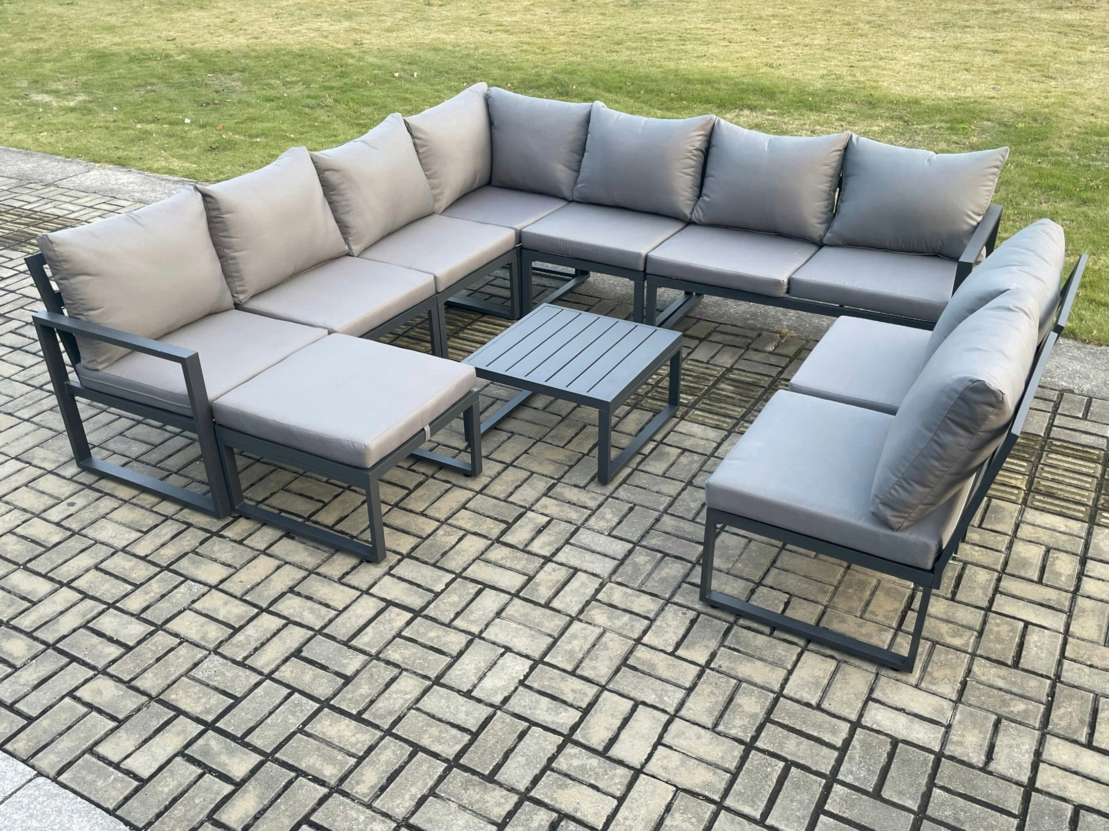 Fimous Dark/Grey 10 Seater Patio Outdoor Garden Furniture Aluminium Lounge Corner Sofa Set With Square Coffee Table With Big Footstool