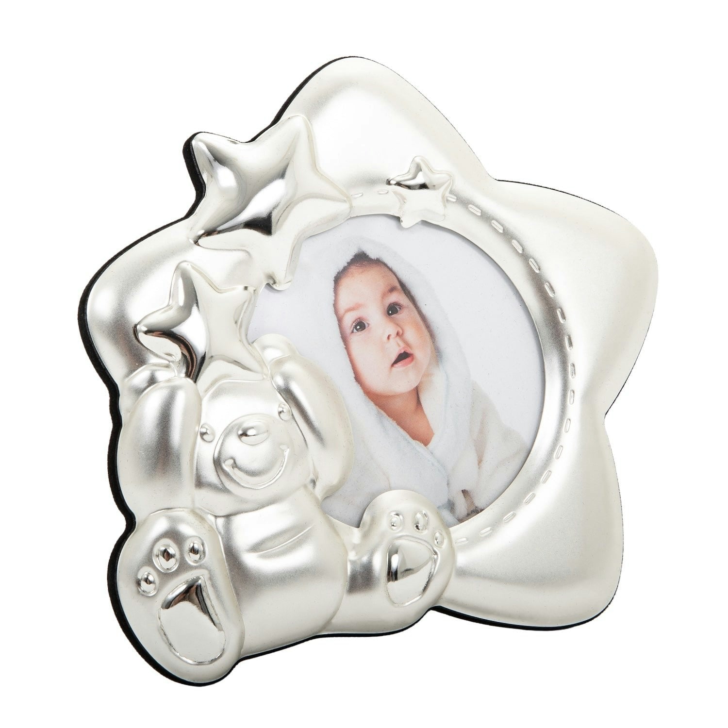 Rackhams Silver Star Shaped Plated Baby Photo Frame With Teddy Bear And Decorative Stars