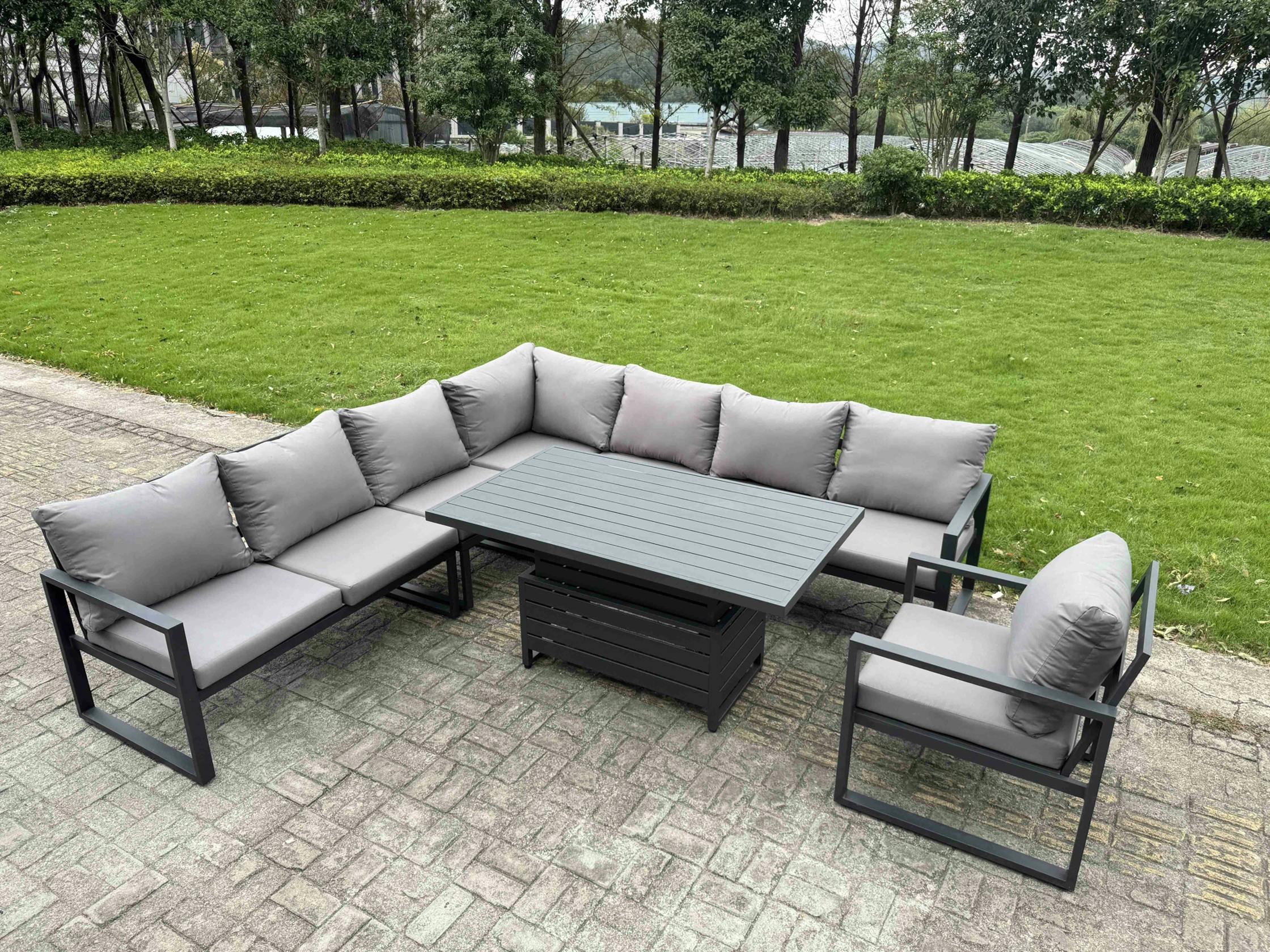 Fimous Dark/Grey 8 Seater Aluminium Garden Furniture Set With Adjustable Rising Dining Table
