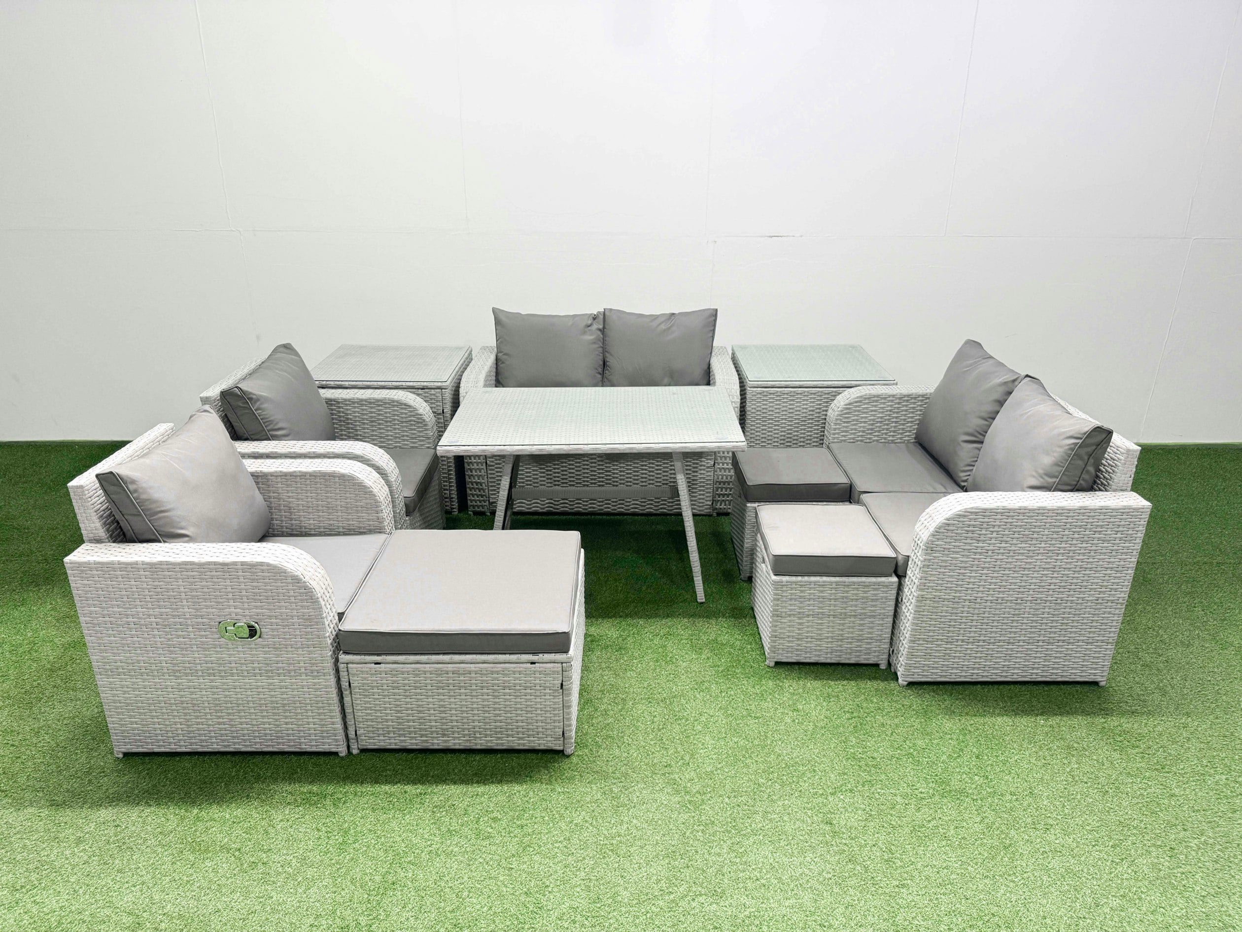 Rackhams Light/Grey 9 Seater Rattan Garden Furniture Set Outdoor Love Sofa Set With Rectangular Dining Table 2 Side Tables 3 Footstools