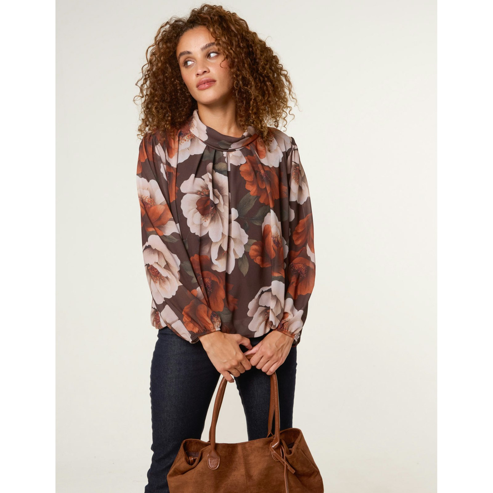 Blue Vanilla Blue/Brown Vanilla Large Watercolour Floral Cowl Neck Puffball Blouse - M-L