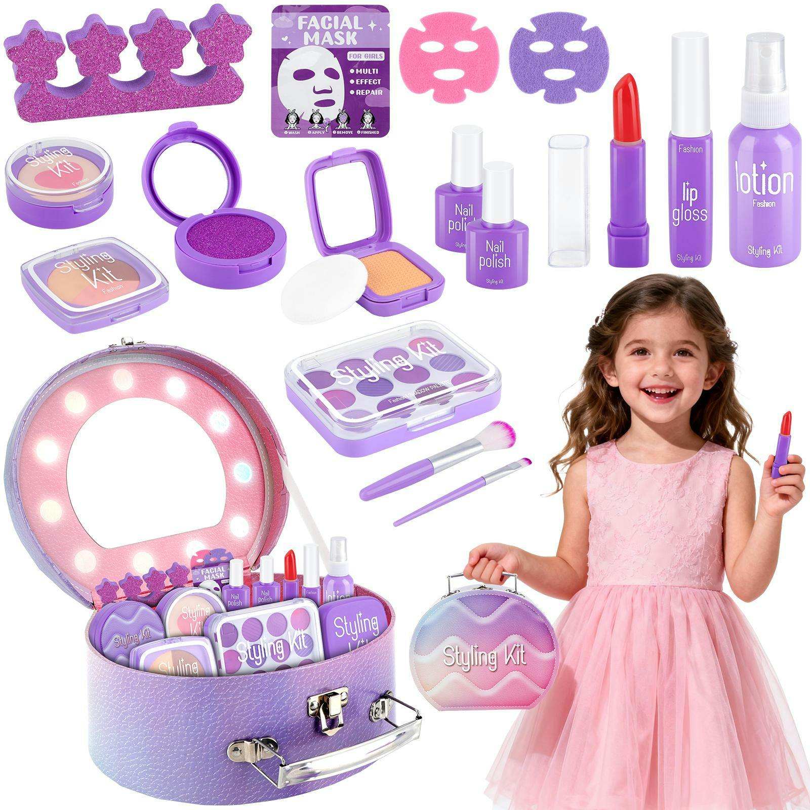 Deao Toys Girls Deao Pretend Makeup Kit With Carry Case - My First Kids Makeup Playset For Toddler Role Play & Imaginative Learning