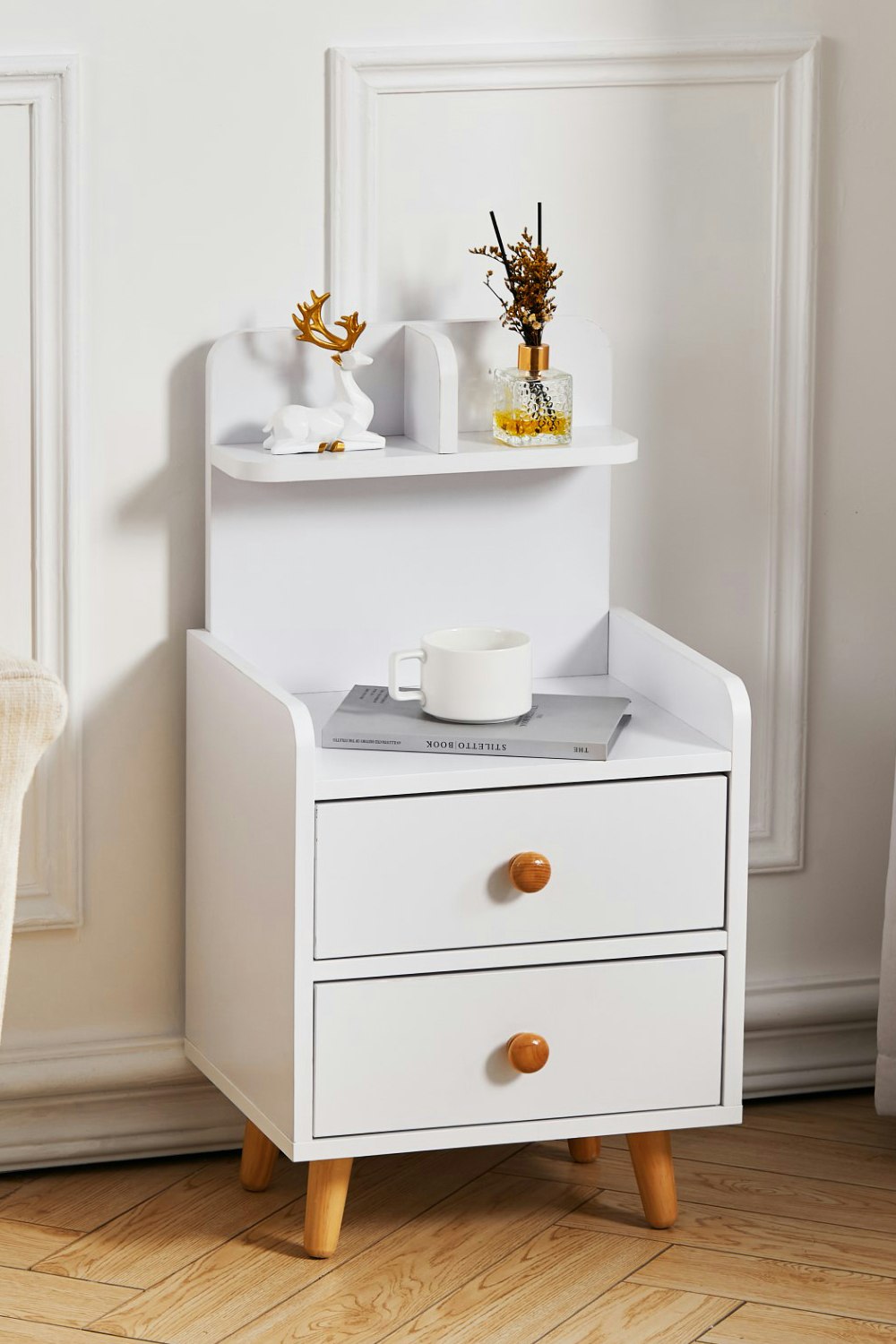 Rackhams White 2 Drawer Wooden Bedside Table With Wooden Legs