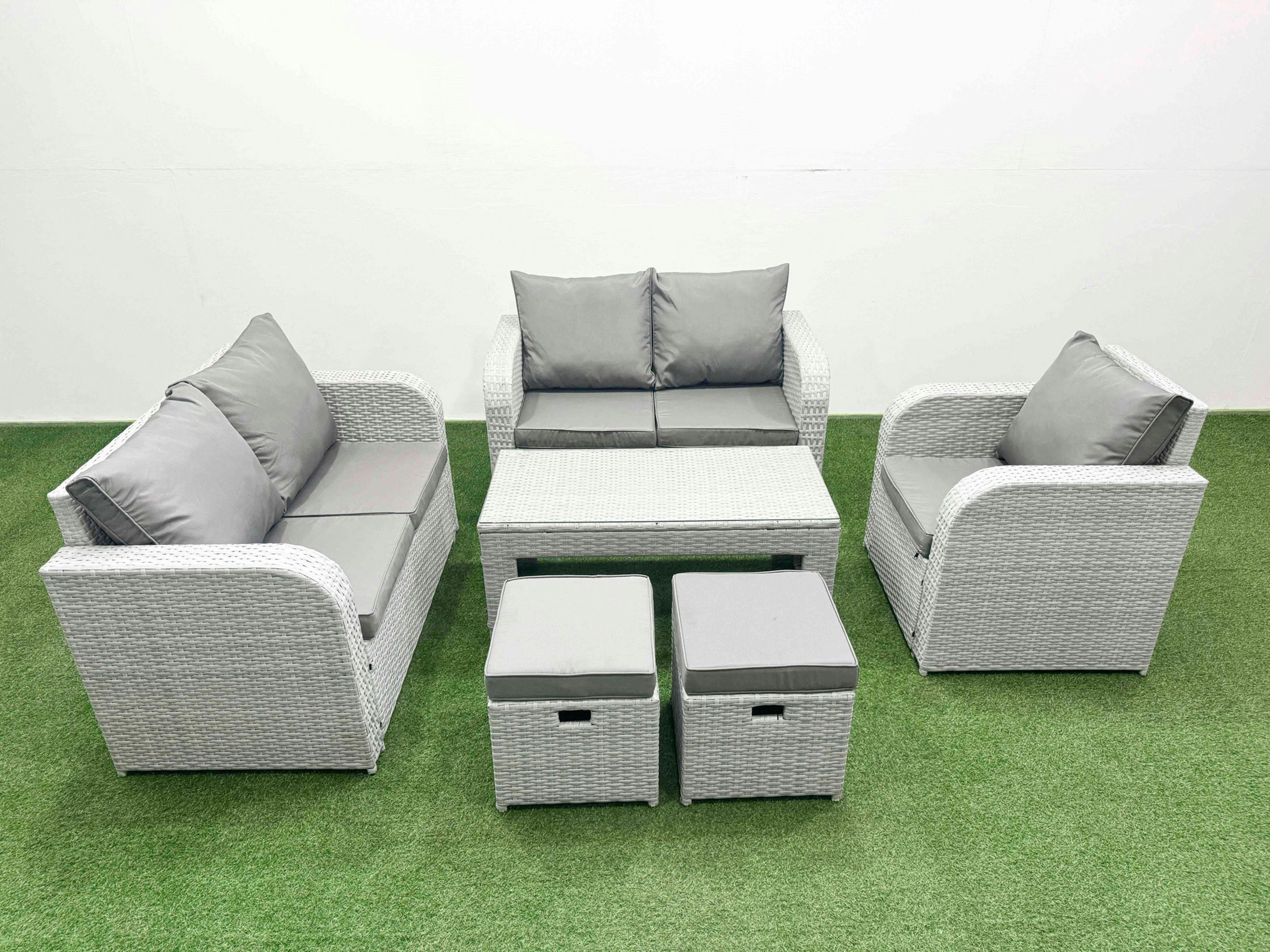 Rackhams Light/Grey High Back Poly Rattan Garden Furniture Set With Reclining Chair Loveseat Sofa Oblong Coffee Table Indoor Outdoor Patio Set Stool Size 2