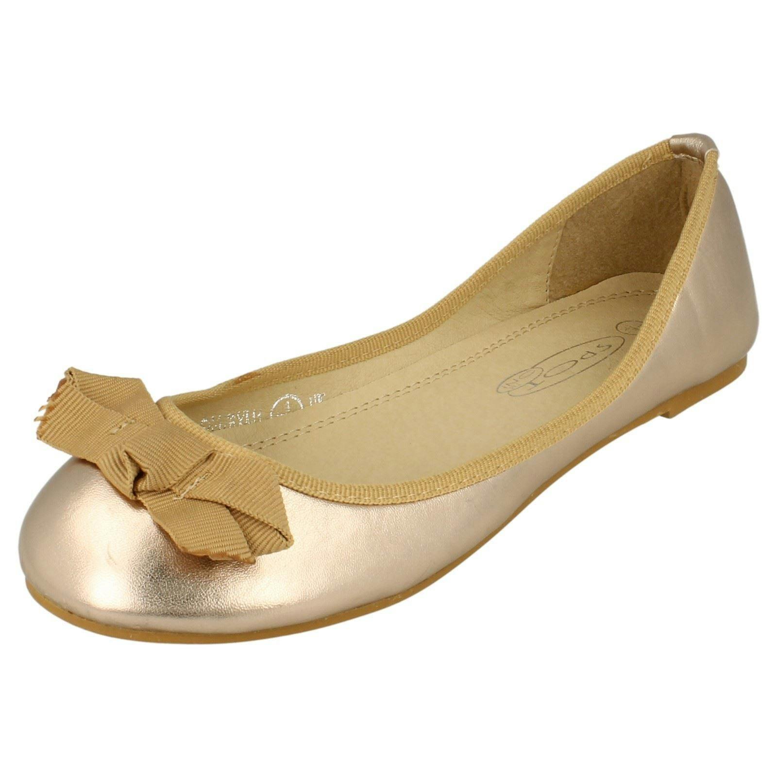 Spot On Women's Gold Flat Ballerina Ribbon Bow Vamp Shoe - Rose - Uk 5