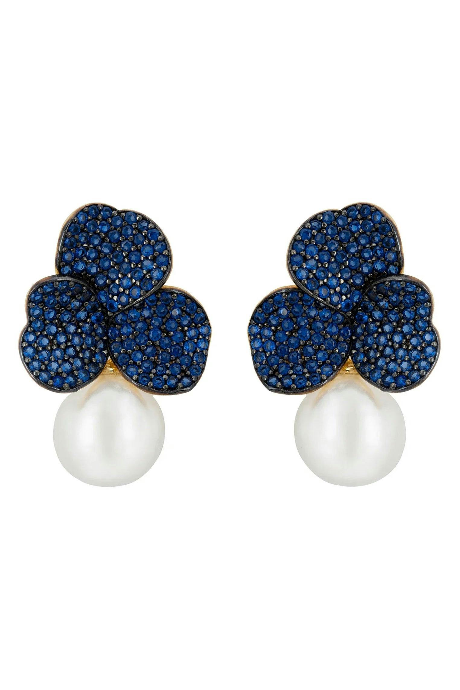 Latelita Gold Iris Flower And Pearl Dangle Earrings Sapphire