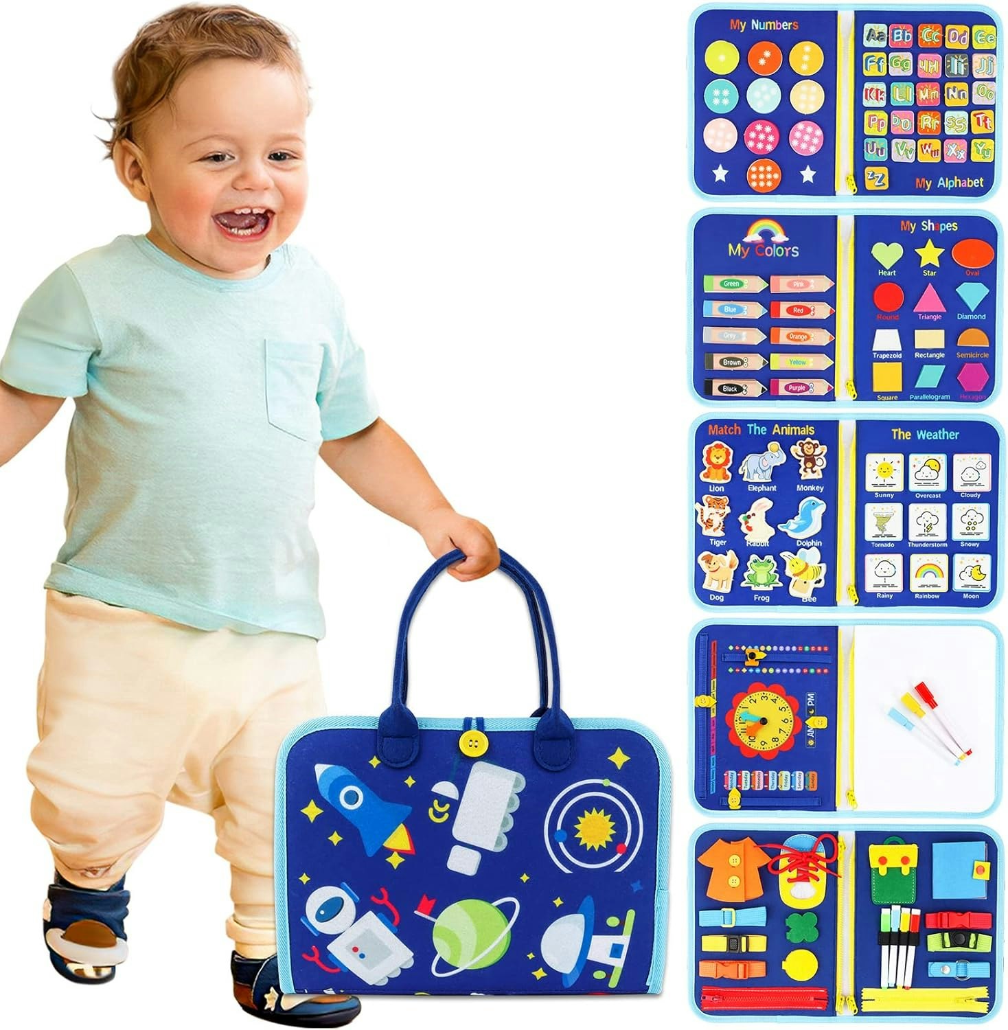 Deao Toys Blue Busy Board Sensory Montessori Toys 10 Pages Quiet Book For Kids - Educational Book - 3+