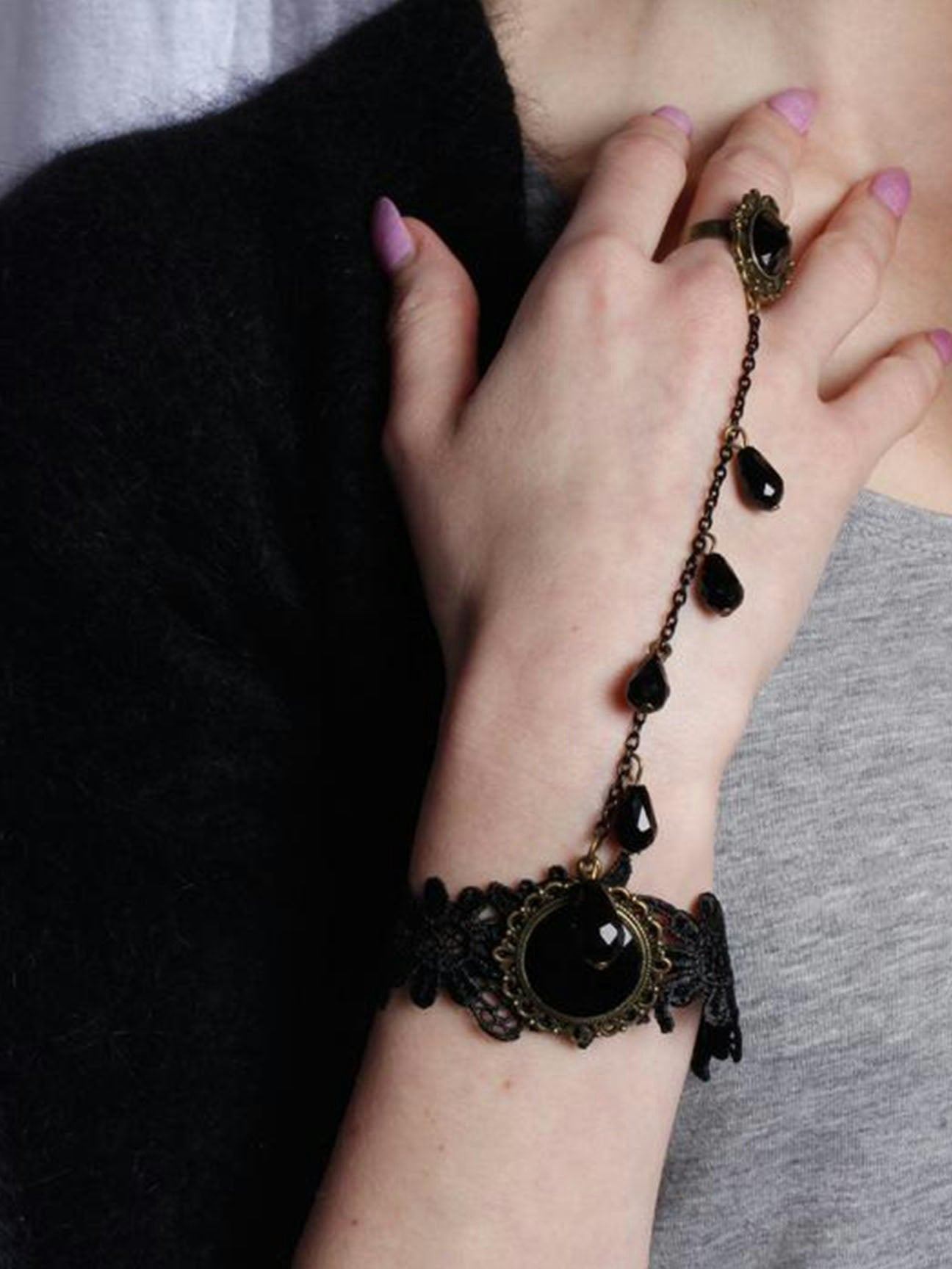Svnx Black Lace Bracelet With Charm And Ring Detail In