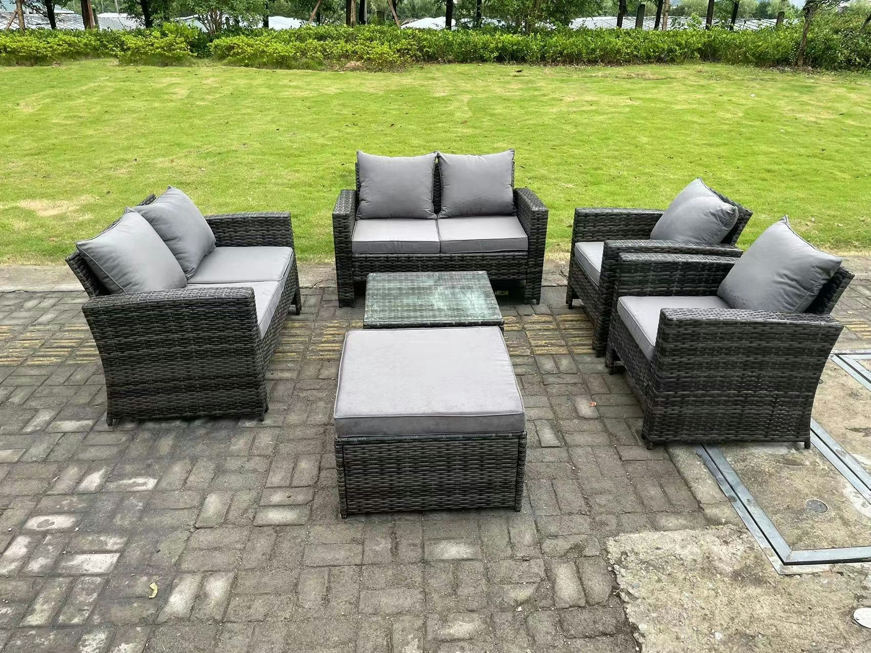 Fimous Dark/Grey 7 Seater Mixed High Back Rattan Sofa Set Square Coffee Table Garden Furniture 2 Seater Sofa Chairs Outdoor Patio
