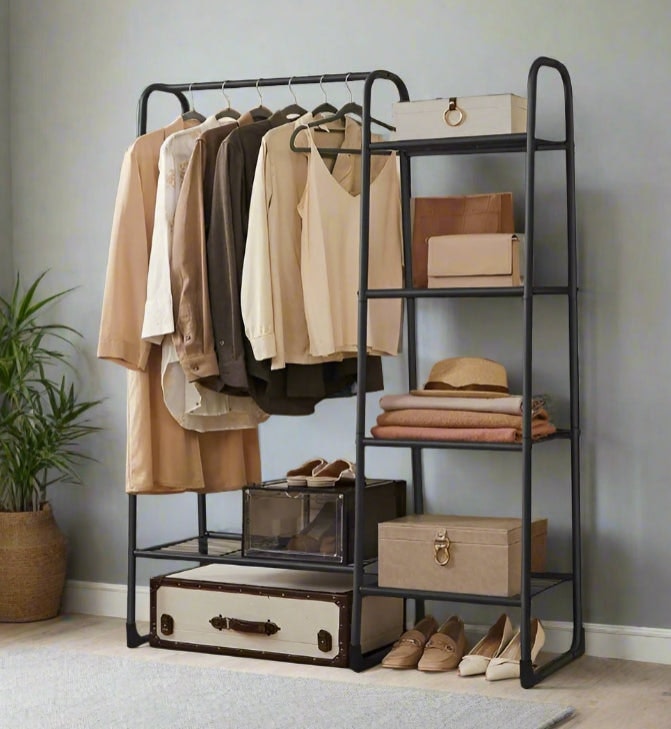 Modcraft Black Clothes Rail Freestanding Garment Rack With 5 Storage Shelves Metal Frame –
