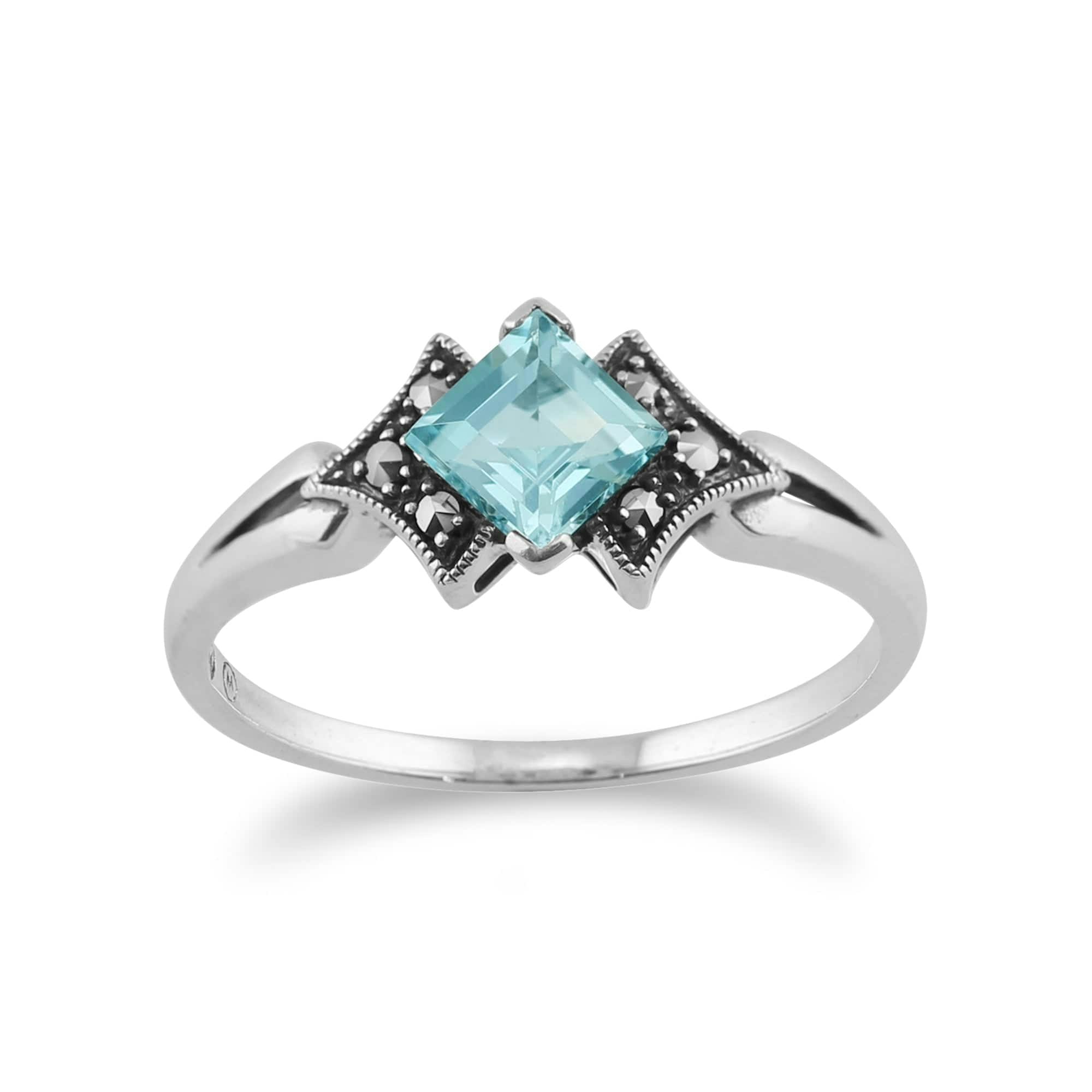 Gemondo Blue/Silver Art Deco Style Square Topaz & Marcasite Ring In 925 Sterling - M