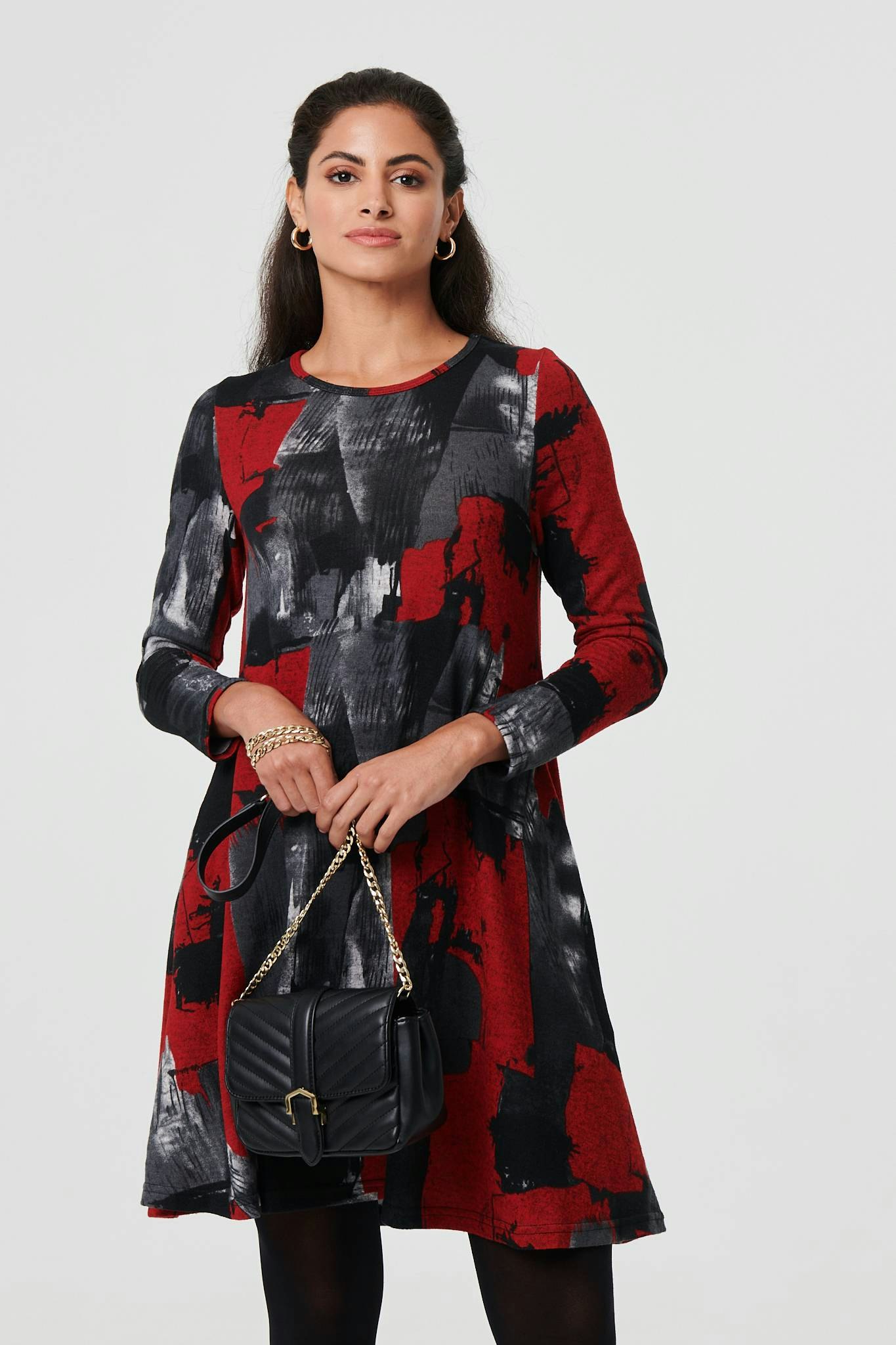 Izabel London Red Printed Long Sleeve Short Shift Dress - 10