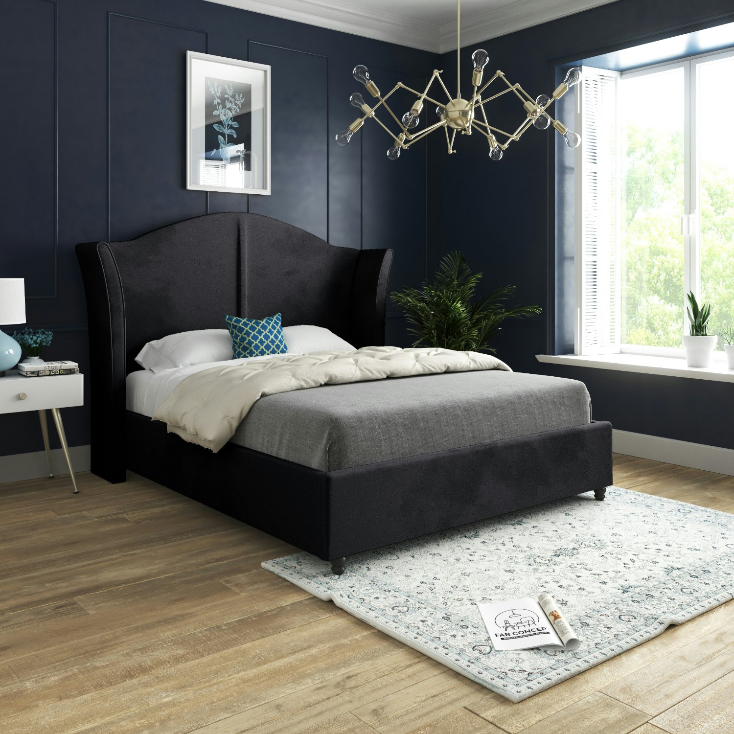 Casa Magna Black Zampa Curved Top Curved Winged Upholstered Soft Velvet Bed Frame - Double