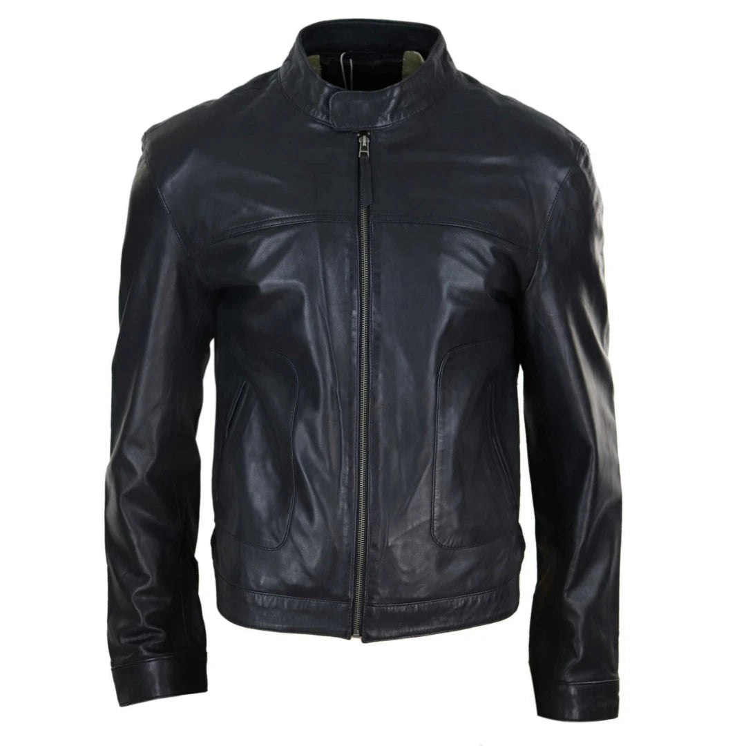 Infinity Leather Men's Black Leather Company Classic Leather Biker Jacket Collarless - 4XL
