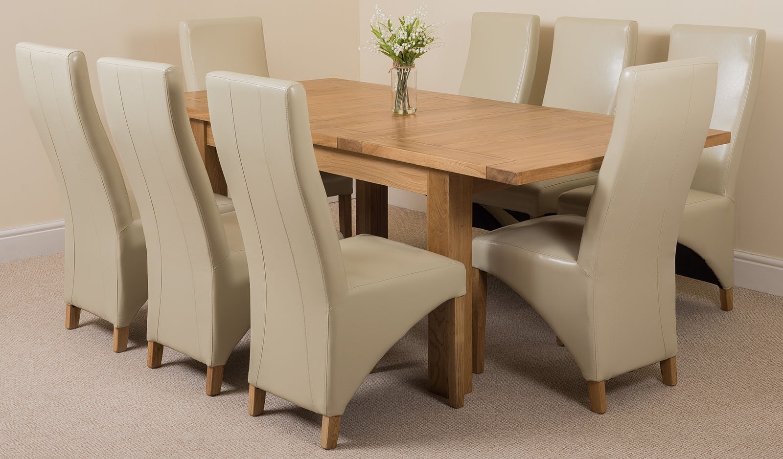 Rackhams Ivory Seattle Oak Extending Dining Table With Lola Leather Chairs - 8 Chairs