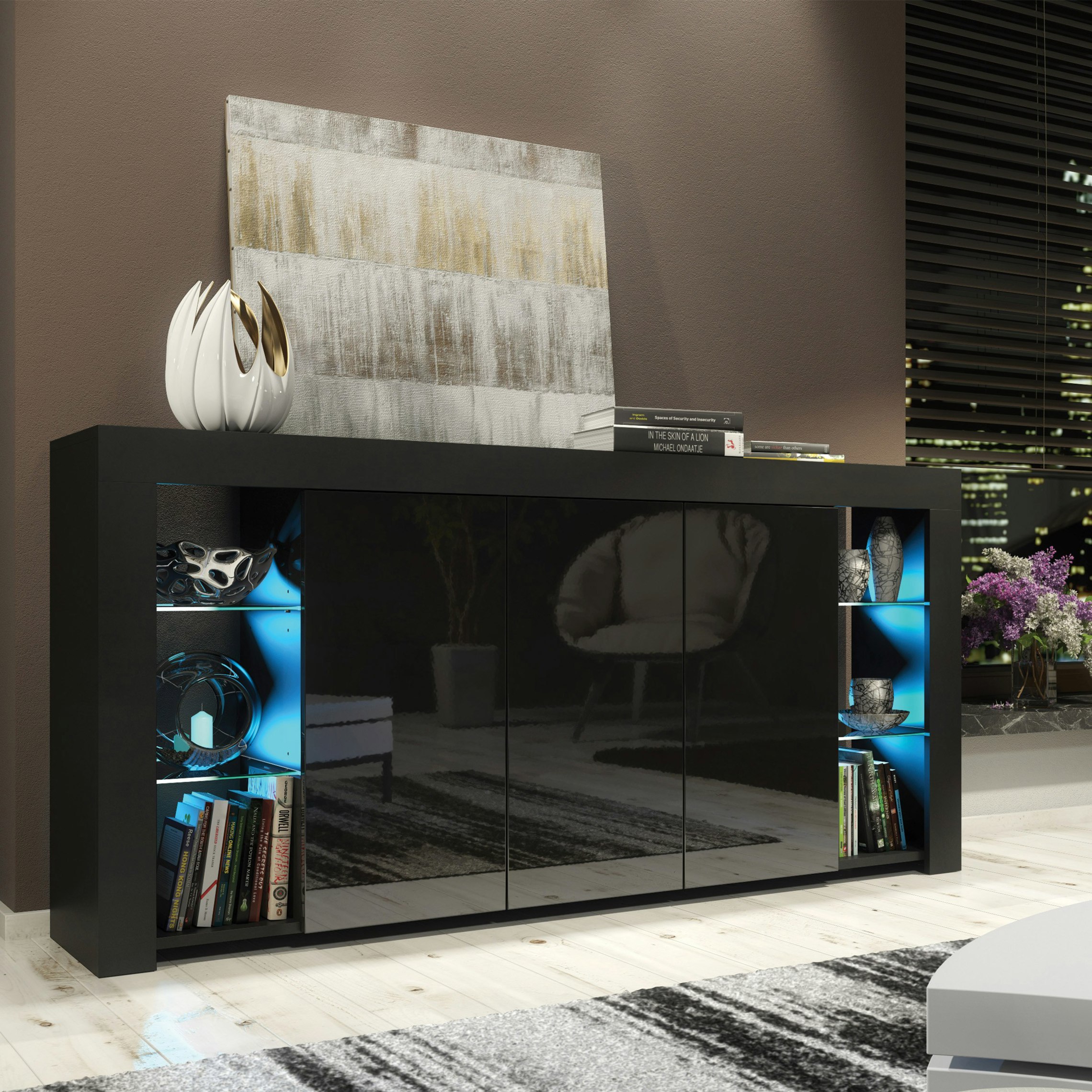 Mex Furniture Black Exclusive 164Cm Sideboard Tv Unit Display Cabinet Tv Stand Living Room With Free Led - 164 Cm - 1