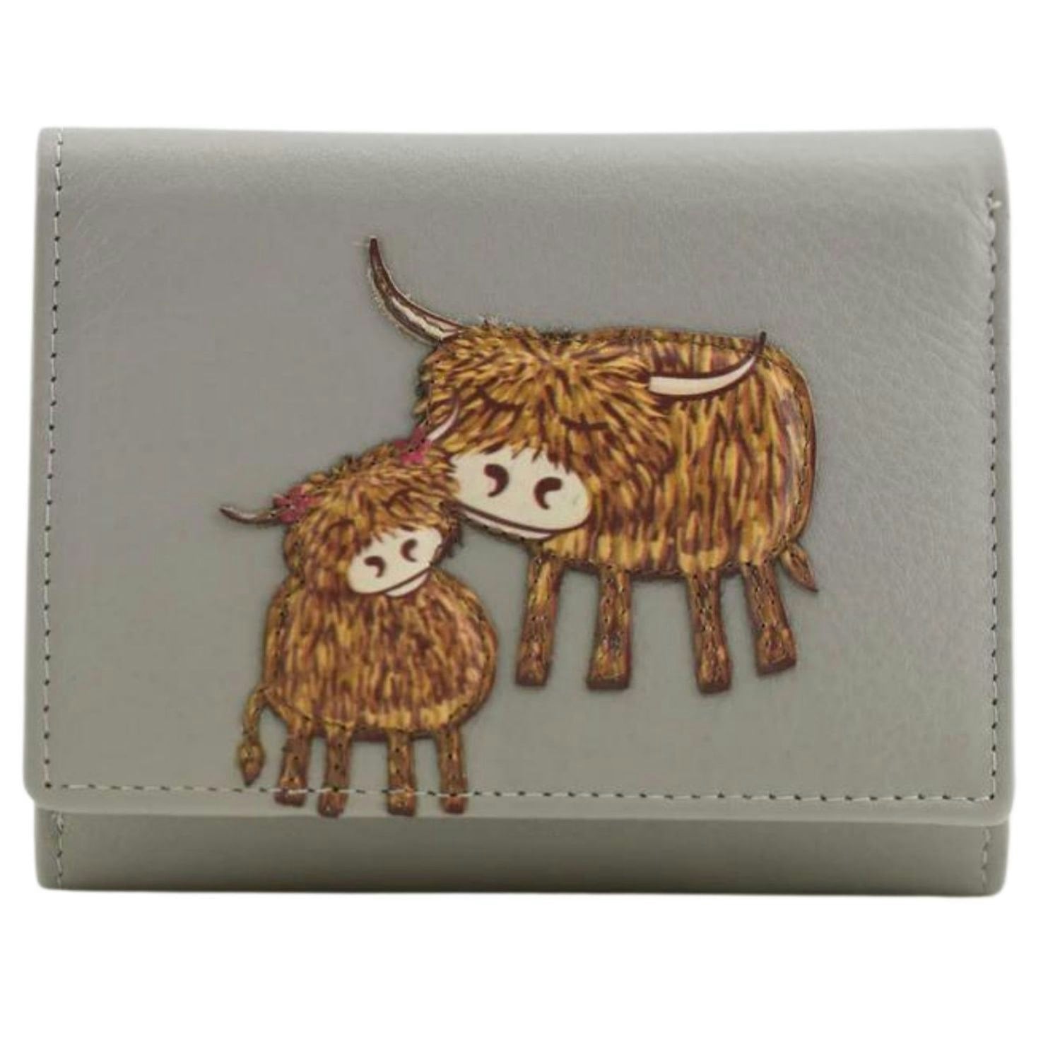 Mala Leather Grey Highland Cow Mother & Daughter Leather Trifold Purse