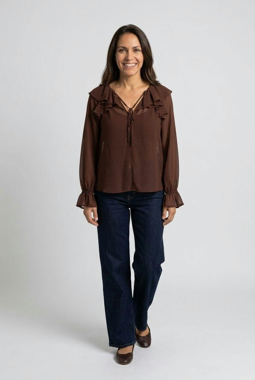 Izabel London Brown Semi Sheer Layered Frill Neck Blouse - 16