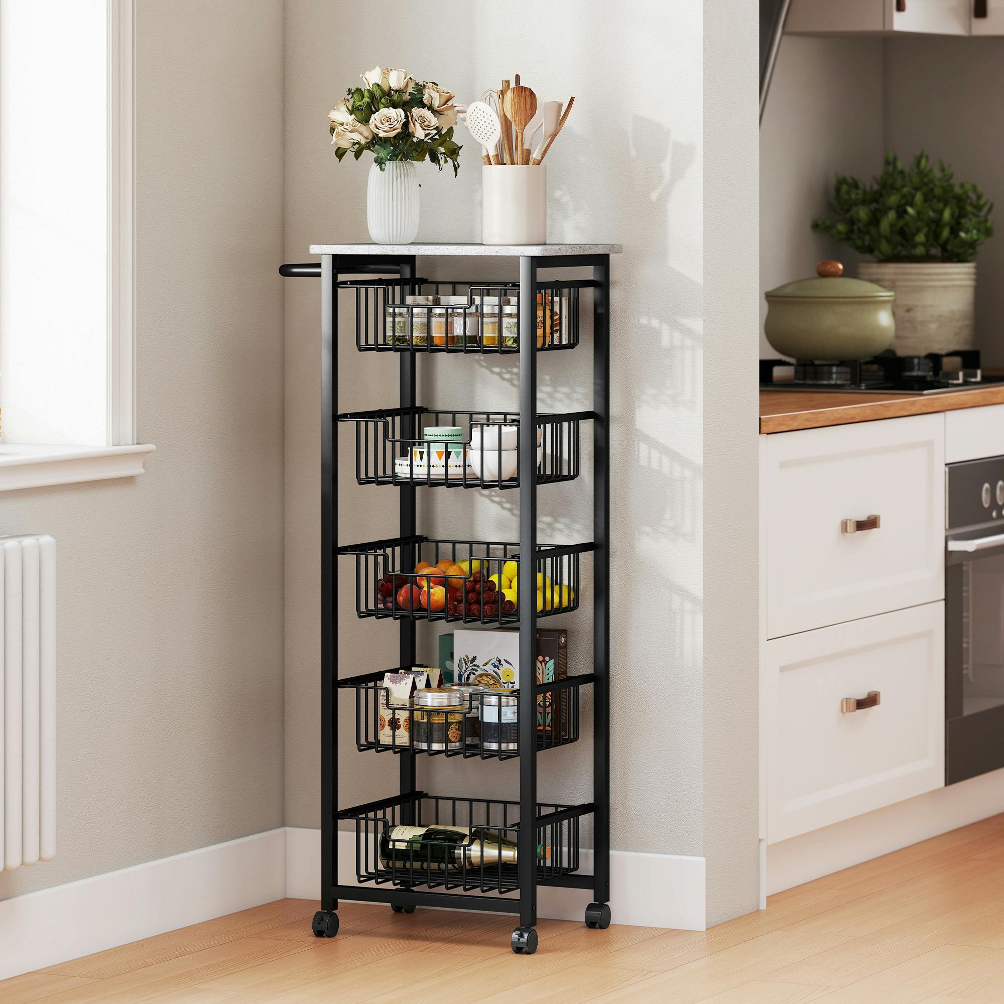 Homcom Light/Grey 4-Tier Kitchen Island On Wheels With 4 Pull-Out Baskets, Oak