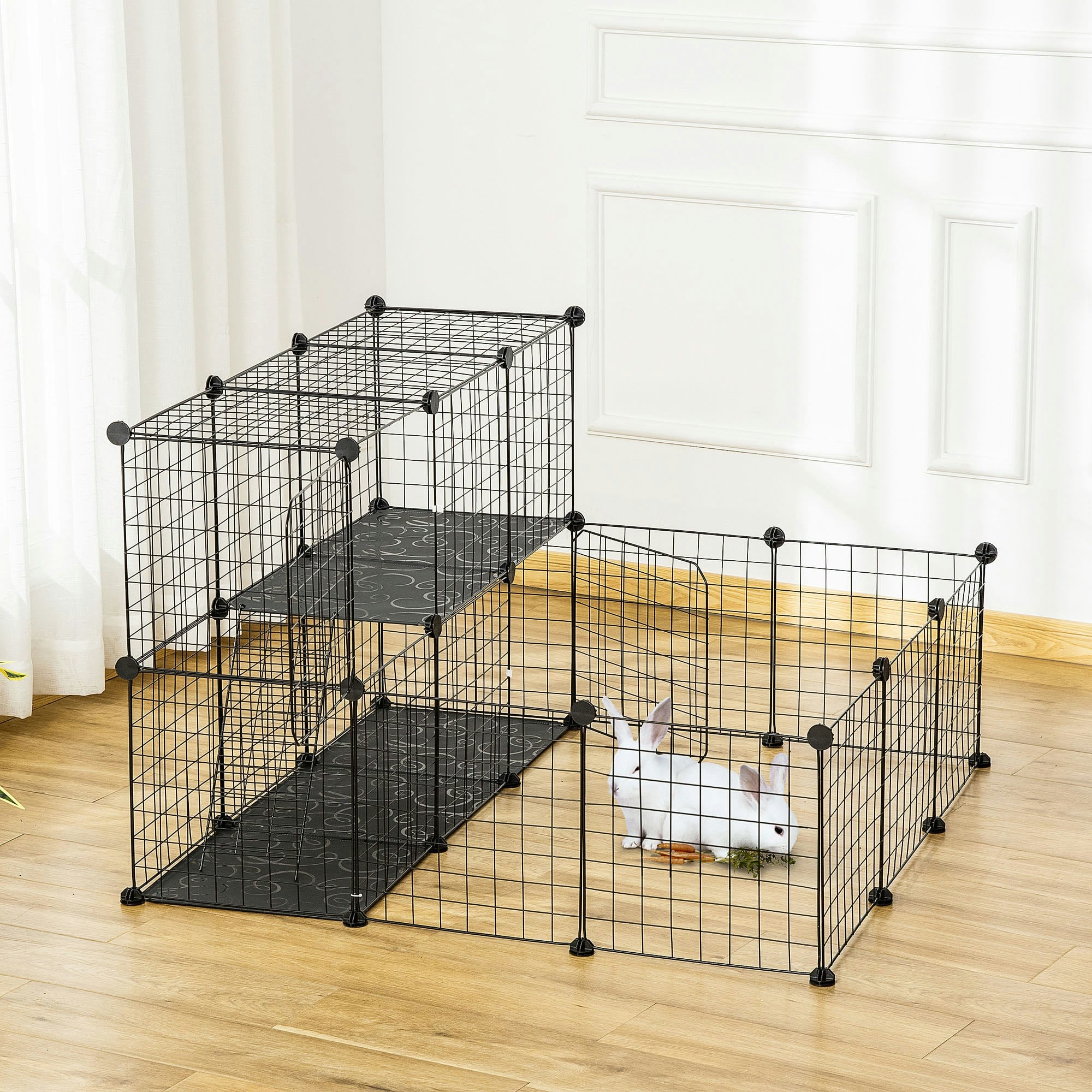 Pawhut Black Pet Playpen Diy Small Animal Cage For Rabbit Ferret Chinchilla