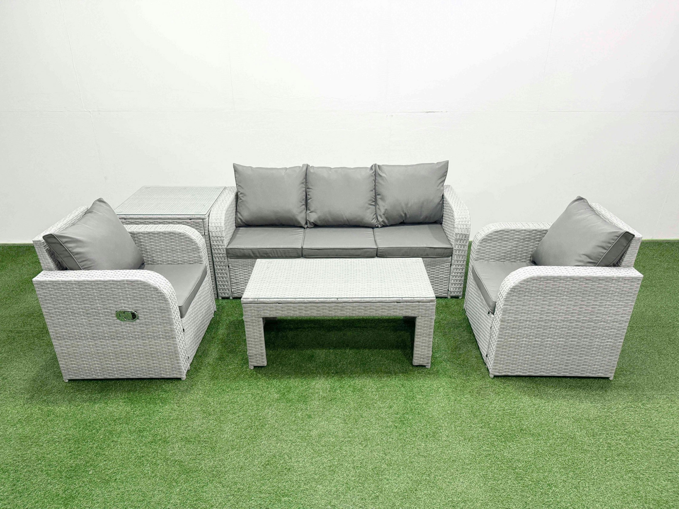 Fimous Light/Grey Pe Rattan Garden Furniture Set Reclining Chair Sofa Lounge Sofa Set Rectangular Coffee Table Side Table
