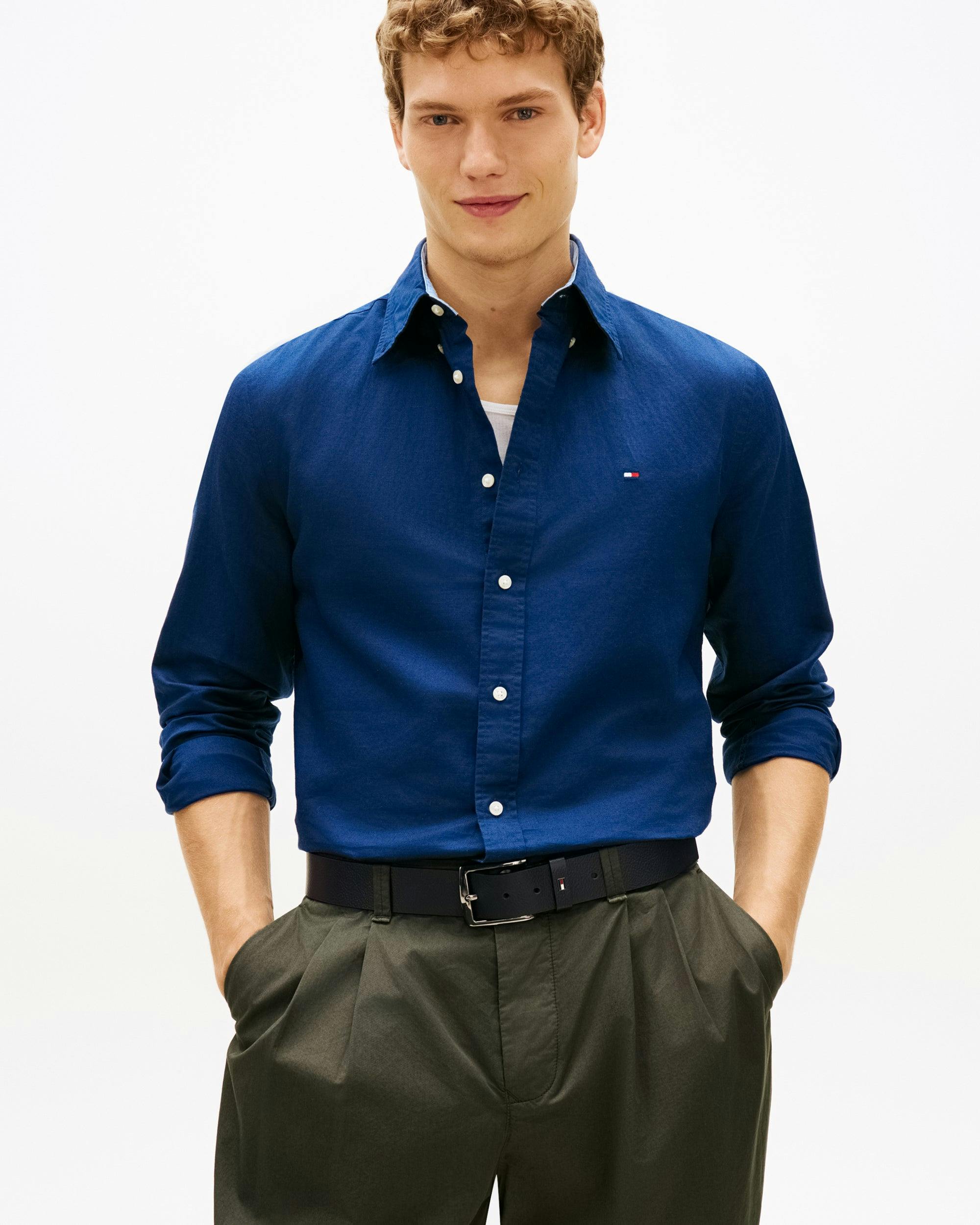 Tommy Hilfiger Men's Linen Blend Solid Long Sleeve Shirt - Carbon Navy - Carbon Navy - Xl