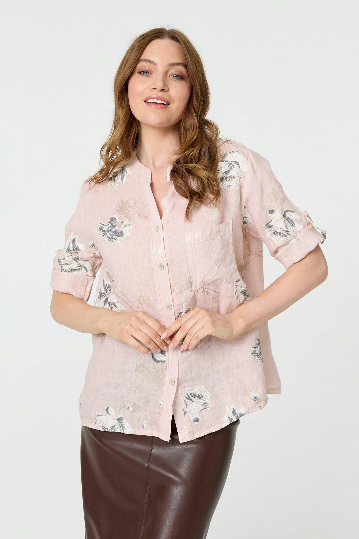 Izabel London Pink Floral 3/4 Turn-Up Sleeve Blouse - 16