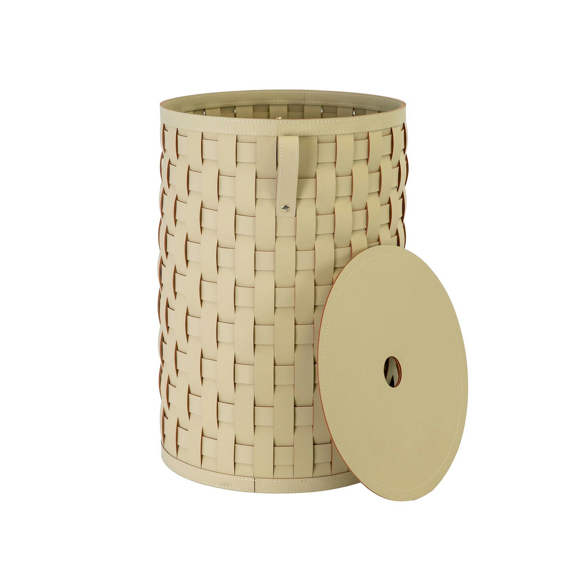 Rackhams Cylindrical Decorative Storage Basket In Sand-Coloured Regenerated Leather With Lid 3309