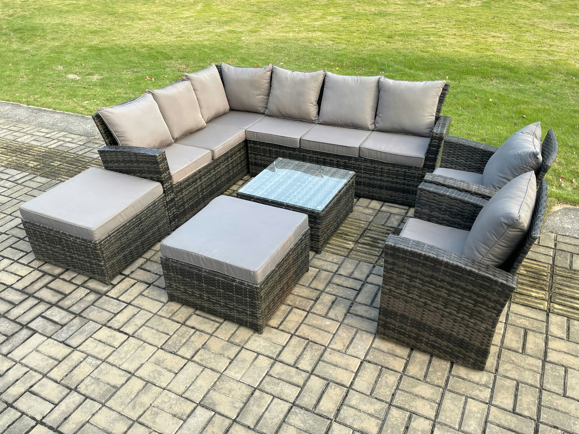 Rackhams Dark/Grey 10 Seat Rattan Garden Furniture Corner Sofa Set Outdoor Patio Sofa Table Set With 2 Big Footstool Mixed
