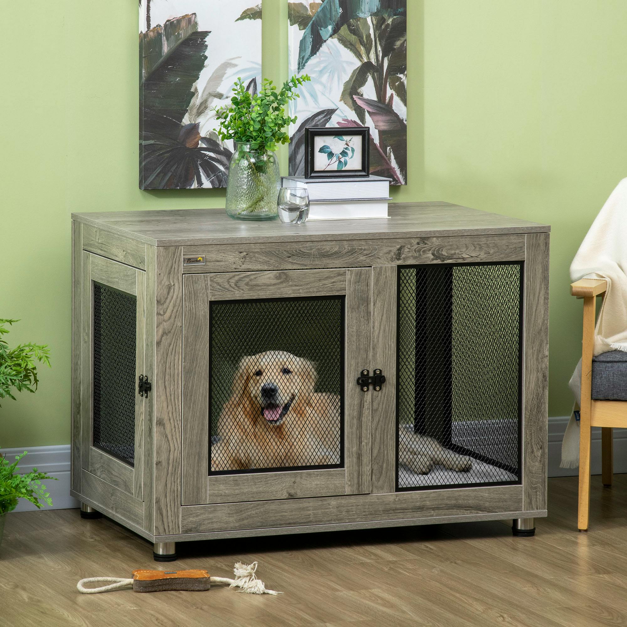 PAWHUT Dog Crate Furniture End Table Washable Cushion Two Doors Pet Kennel in Grey | Size: XL - Image 4