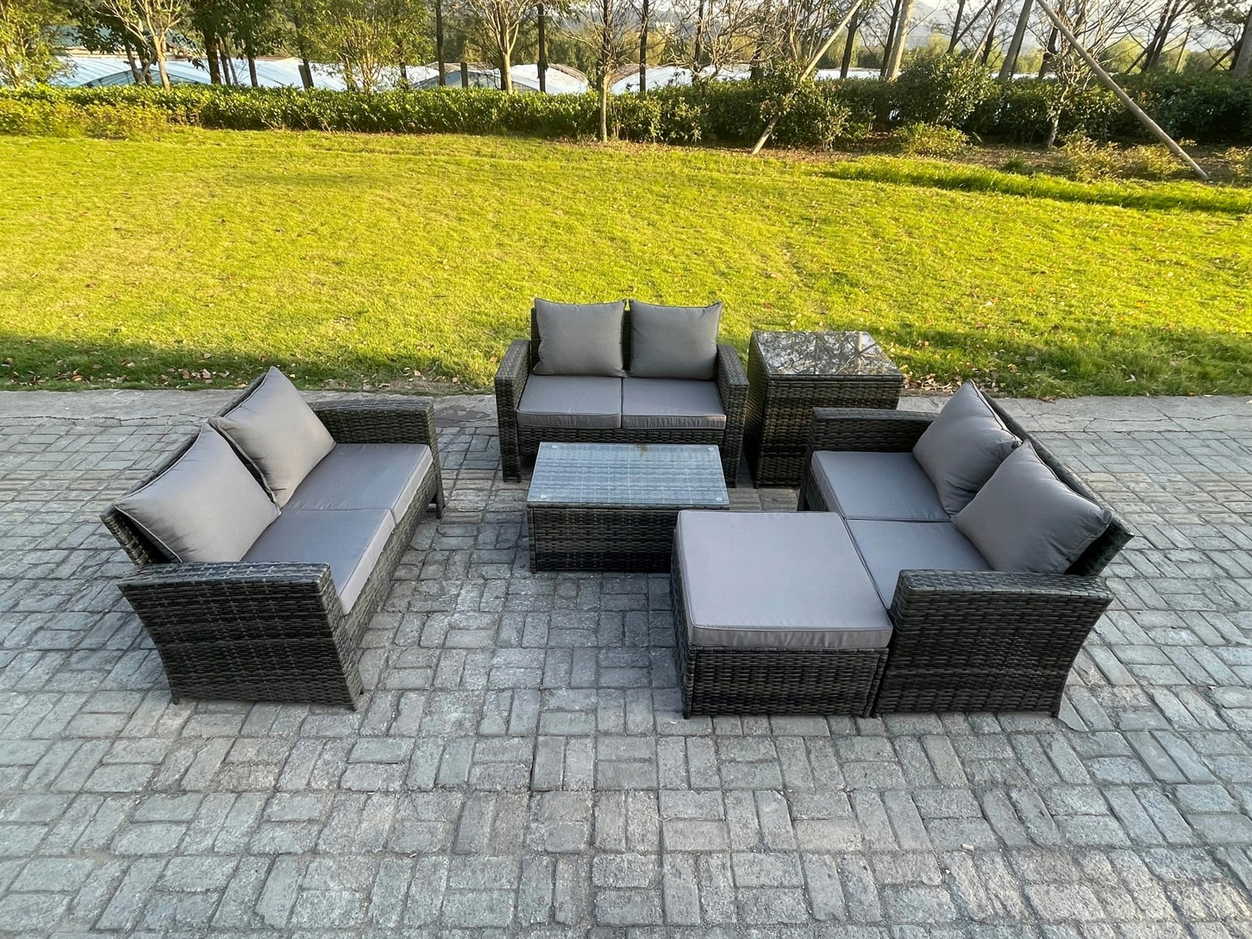 Rackhams Dark/Grey 7 Seater Outdoor Rattan Garden Furniture Set Patio Love Sofa Rectangular Coffee Table Set With Big Footstool Side Table