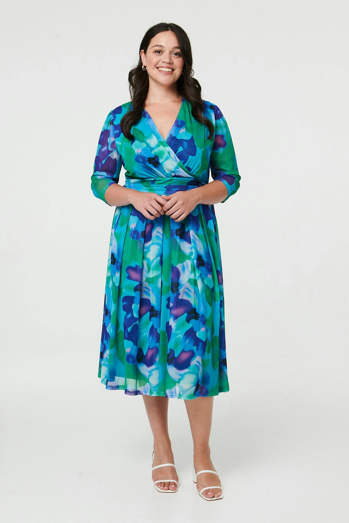 Izabel London Blue Curve Printed Pleated Wrap Midi Dress - 22