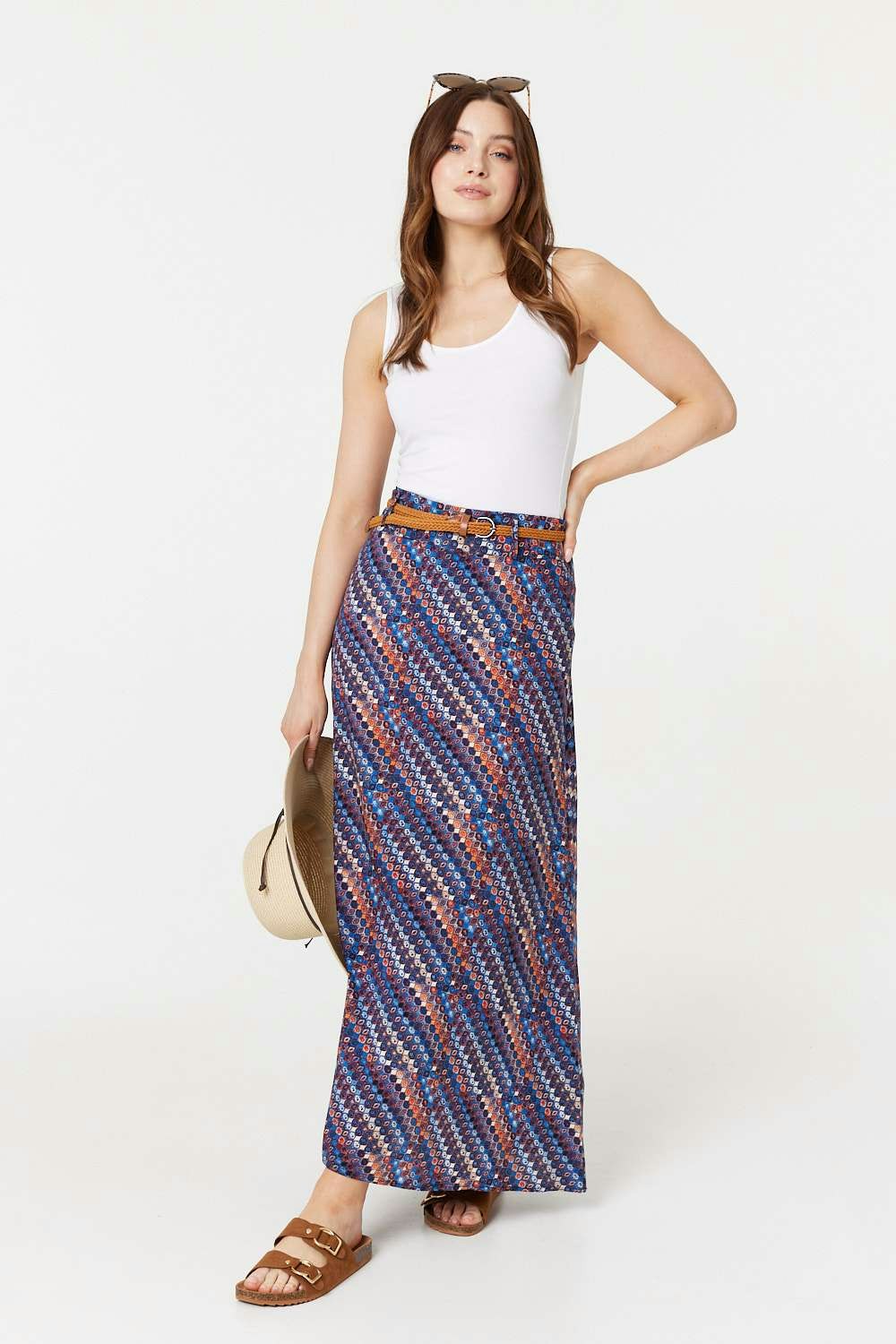 Izabel London Printed Belt Detail Maxi Skirt - Navy - 14